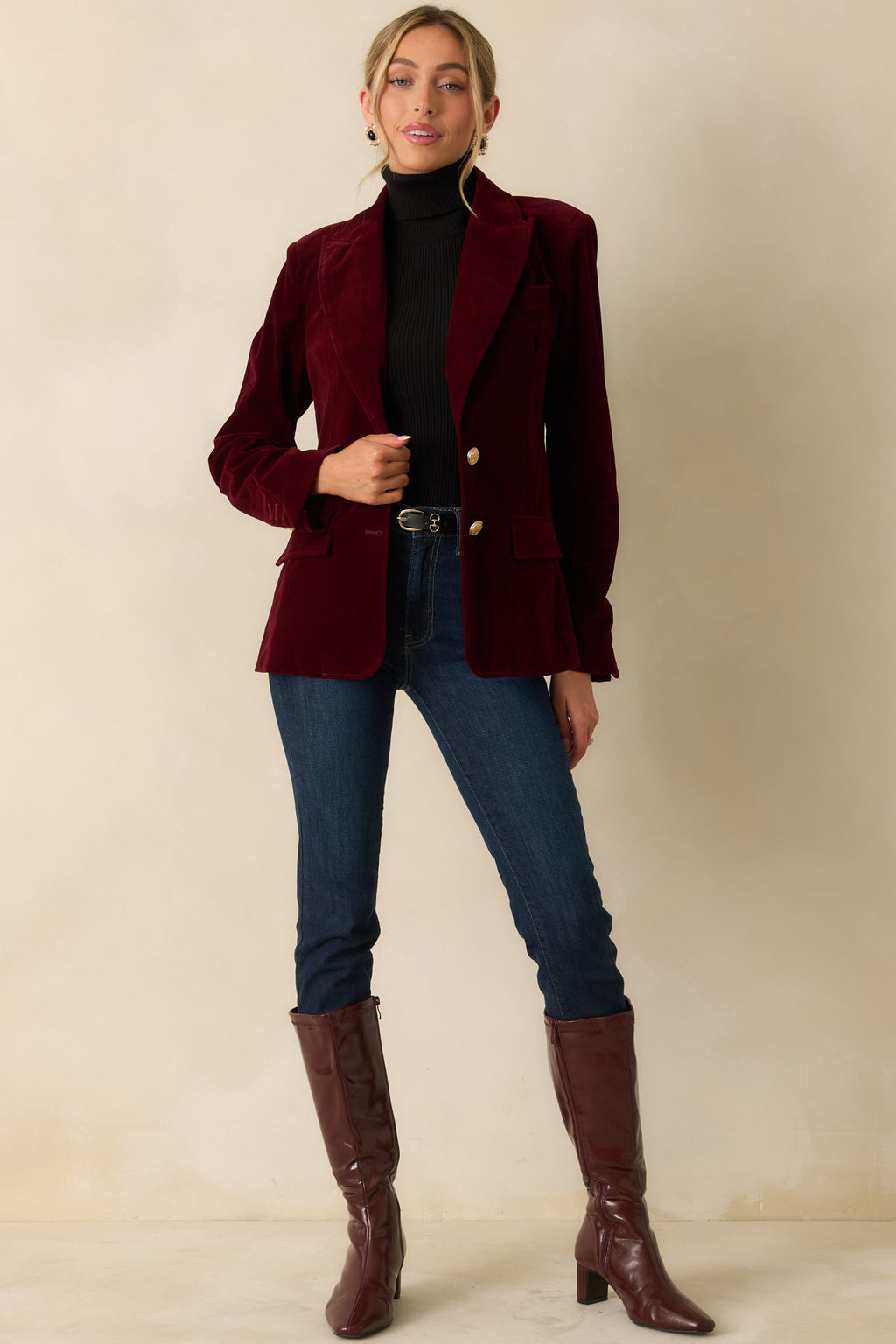 Just Be You Merlot Velvet Single Breasted Blazer