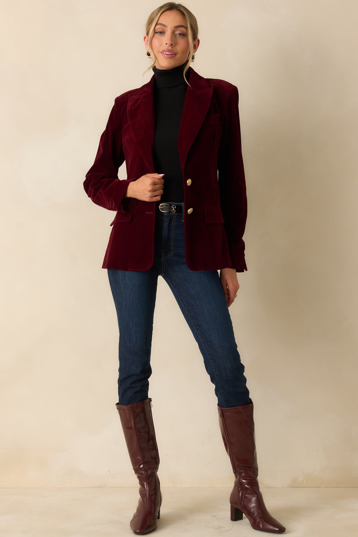 Just Be You Merlot Velvet Single Breasted Blazer