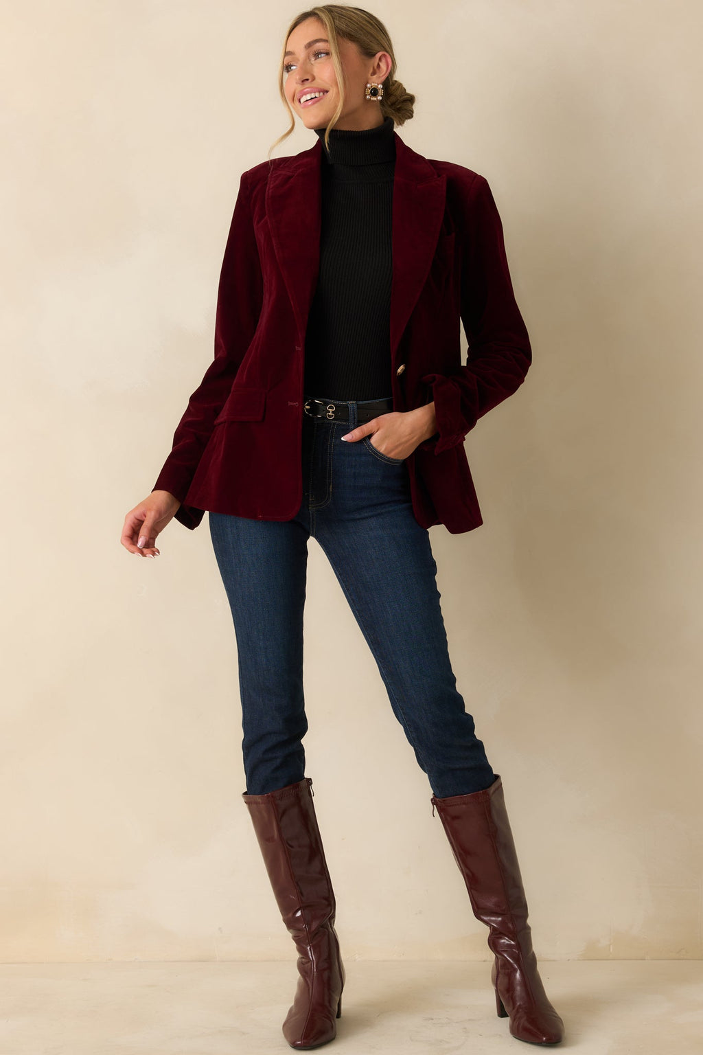 Just Be You Merlot Velvet Single Breasted Blazer