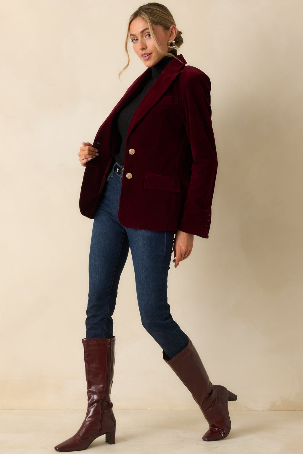 Just Be You Merlot Velvet Single Breasted Blazer