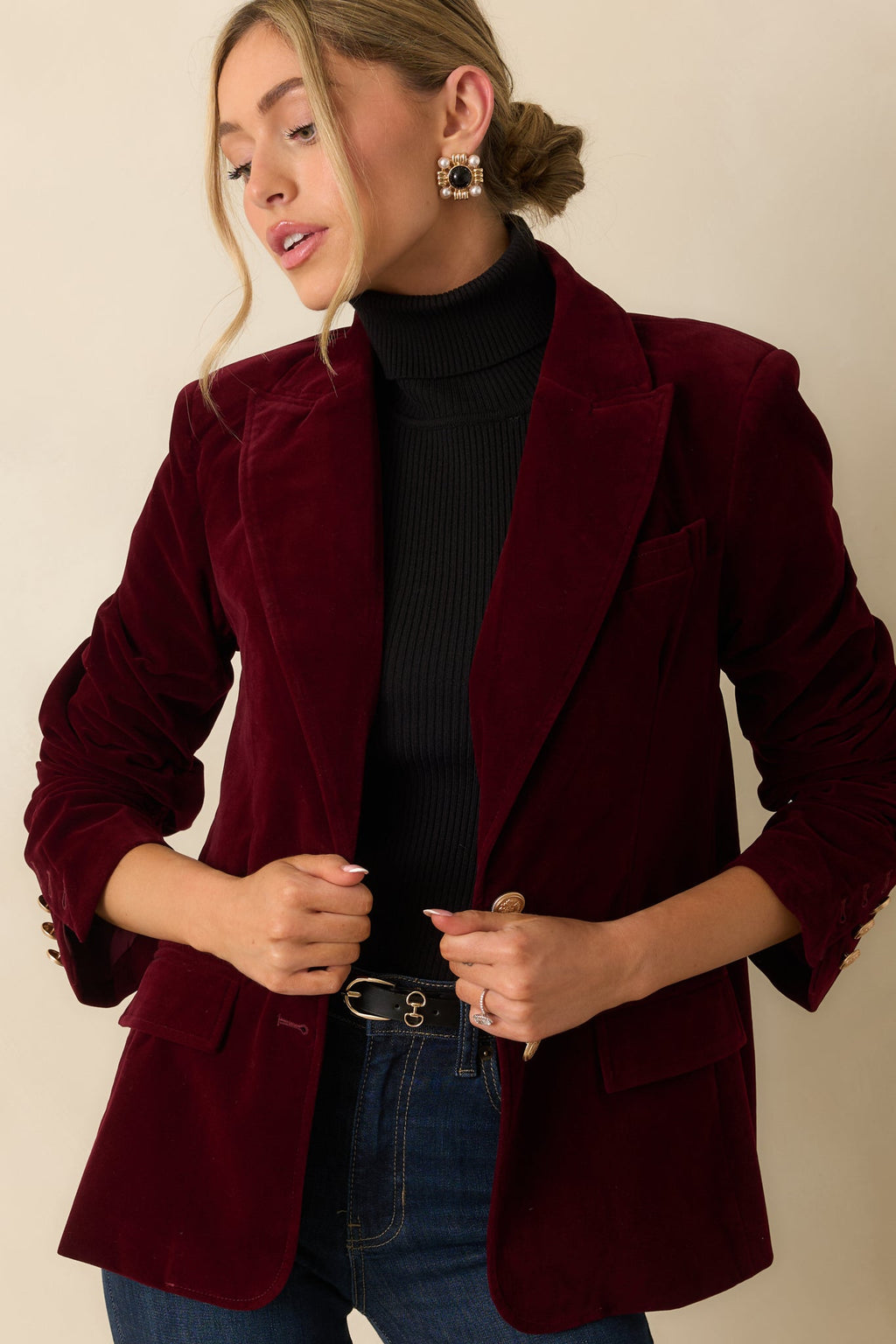 Just Be You Merlot Velvet Single Breasted Blazer