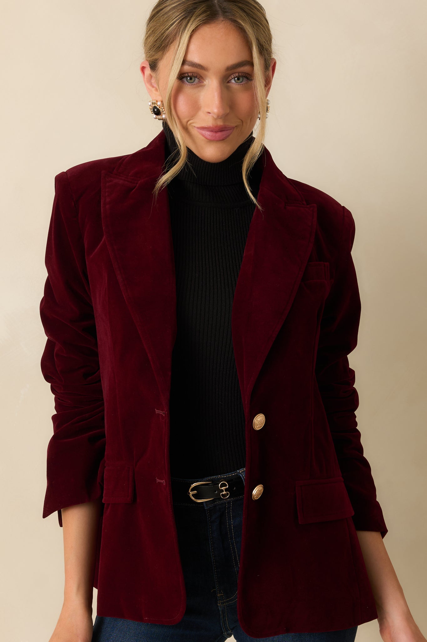 Just Be You Merlot Velvet Single Breasted Blazer