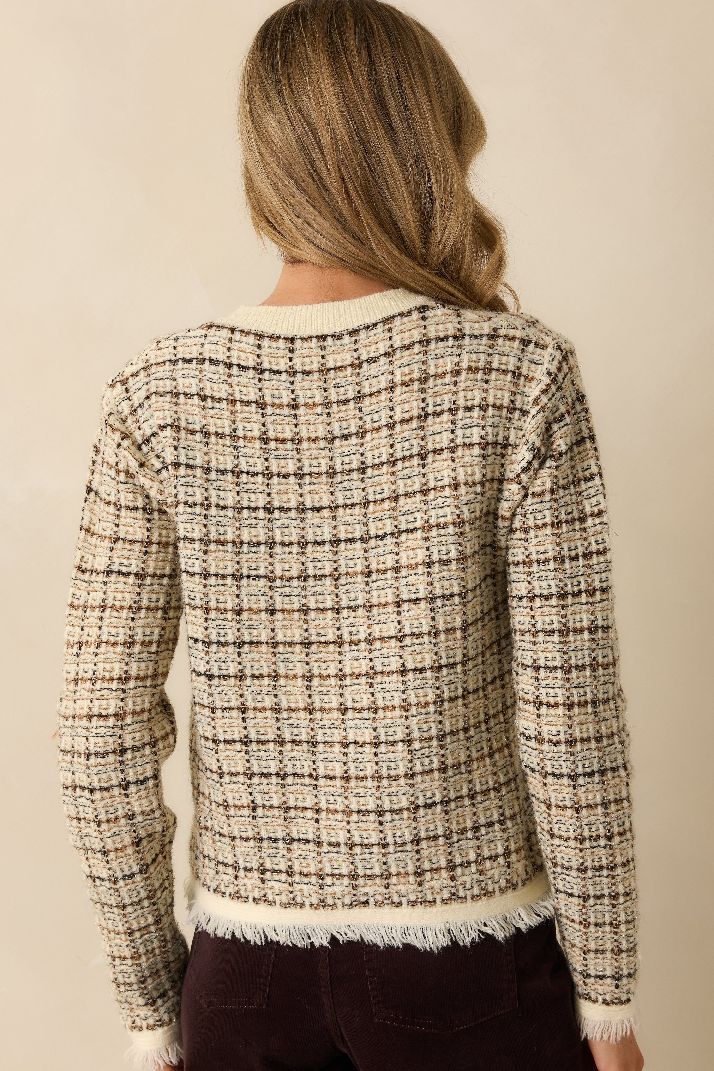 A Thoughtful Touch Ivory Plaid Pattern Knit Cardigan
