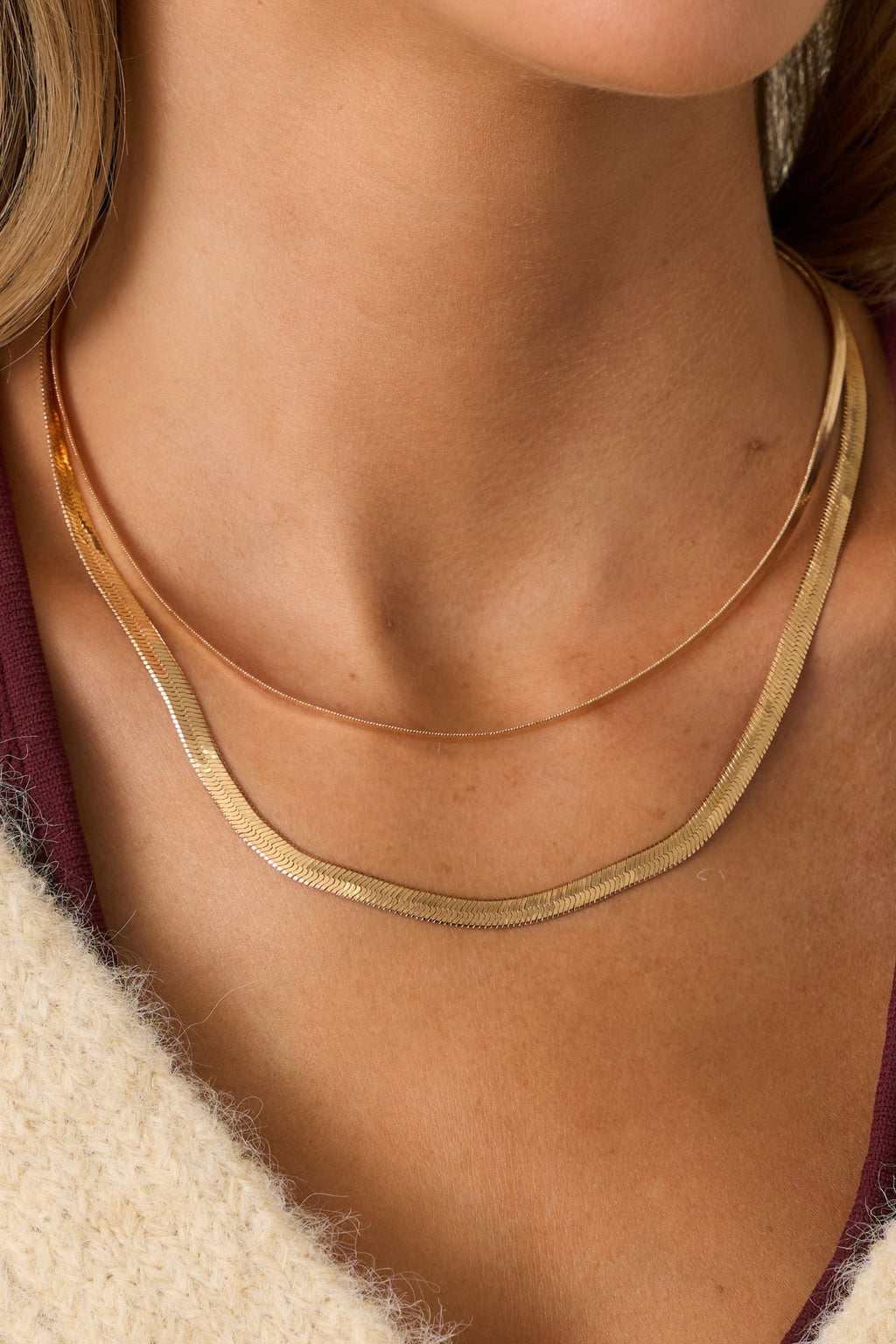 Glad To See It Gold Herringbone Double Chain Necklace