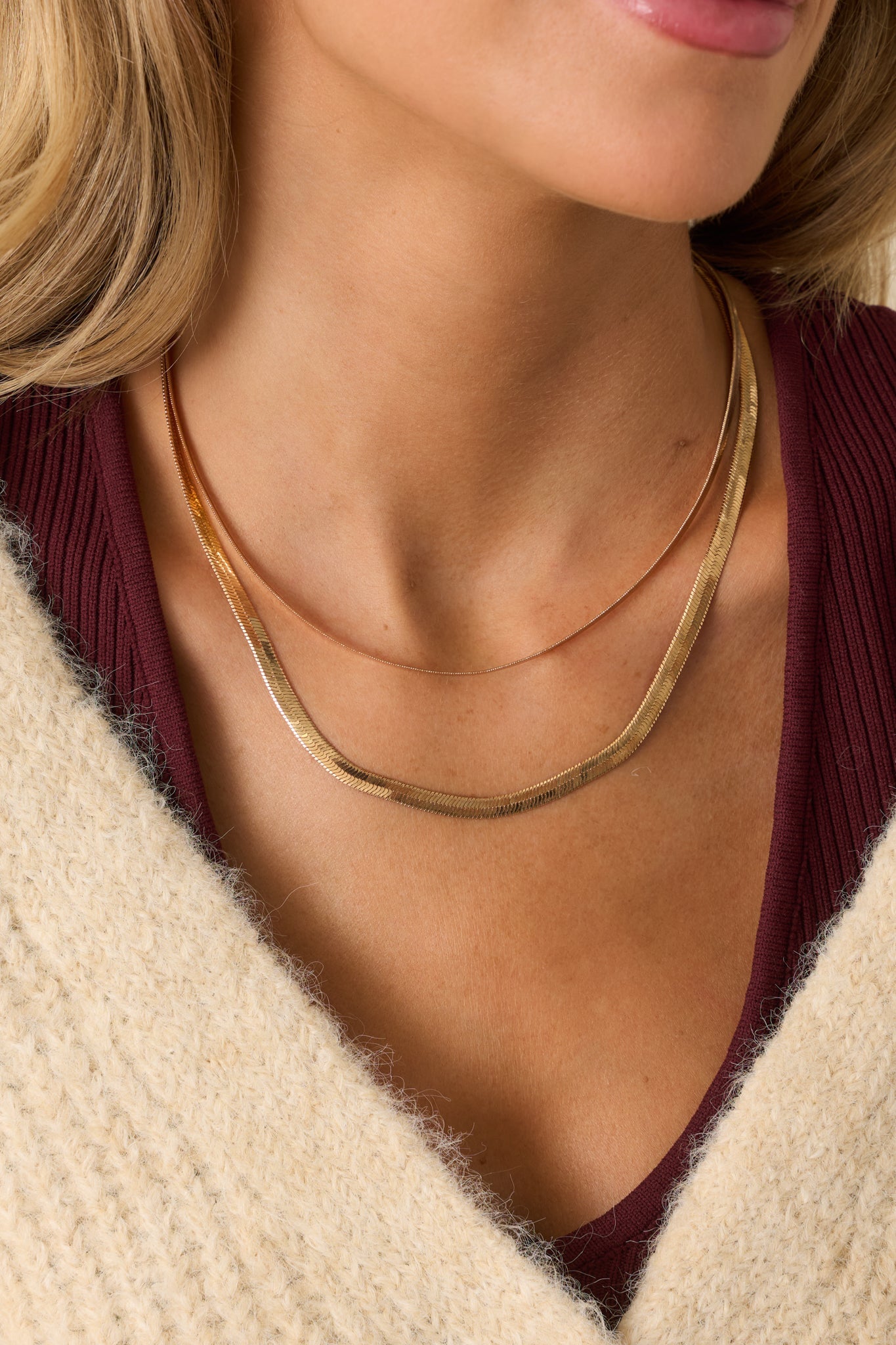 Glad To See It Gold Herringbone Double Chain Necklace