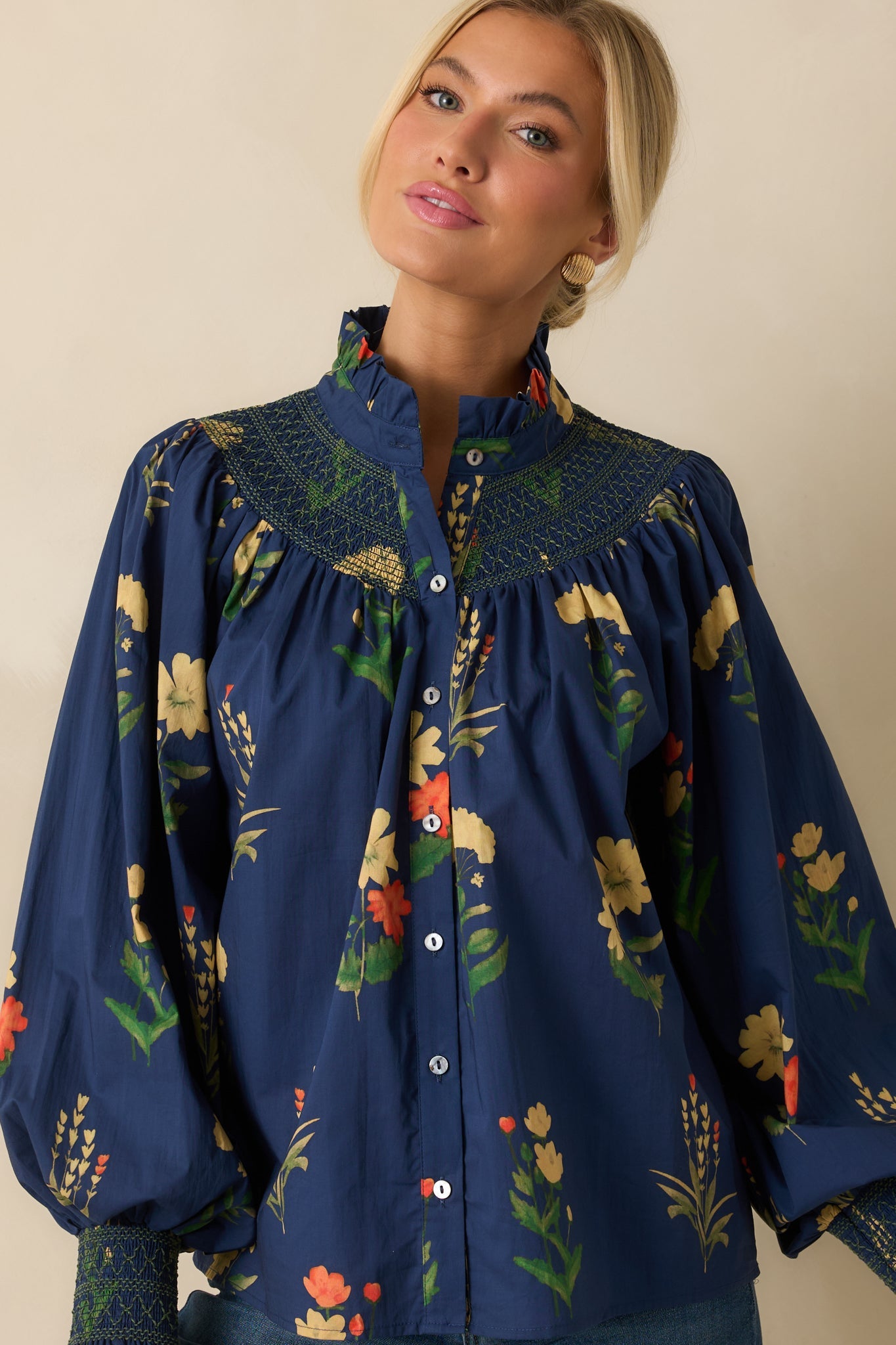 Charmed Again Navy Floral Print Cotton Bishop Sleeve Blouse