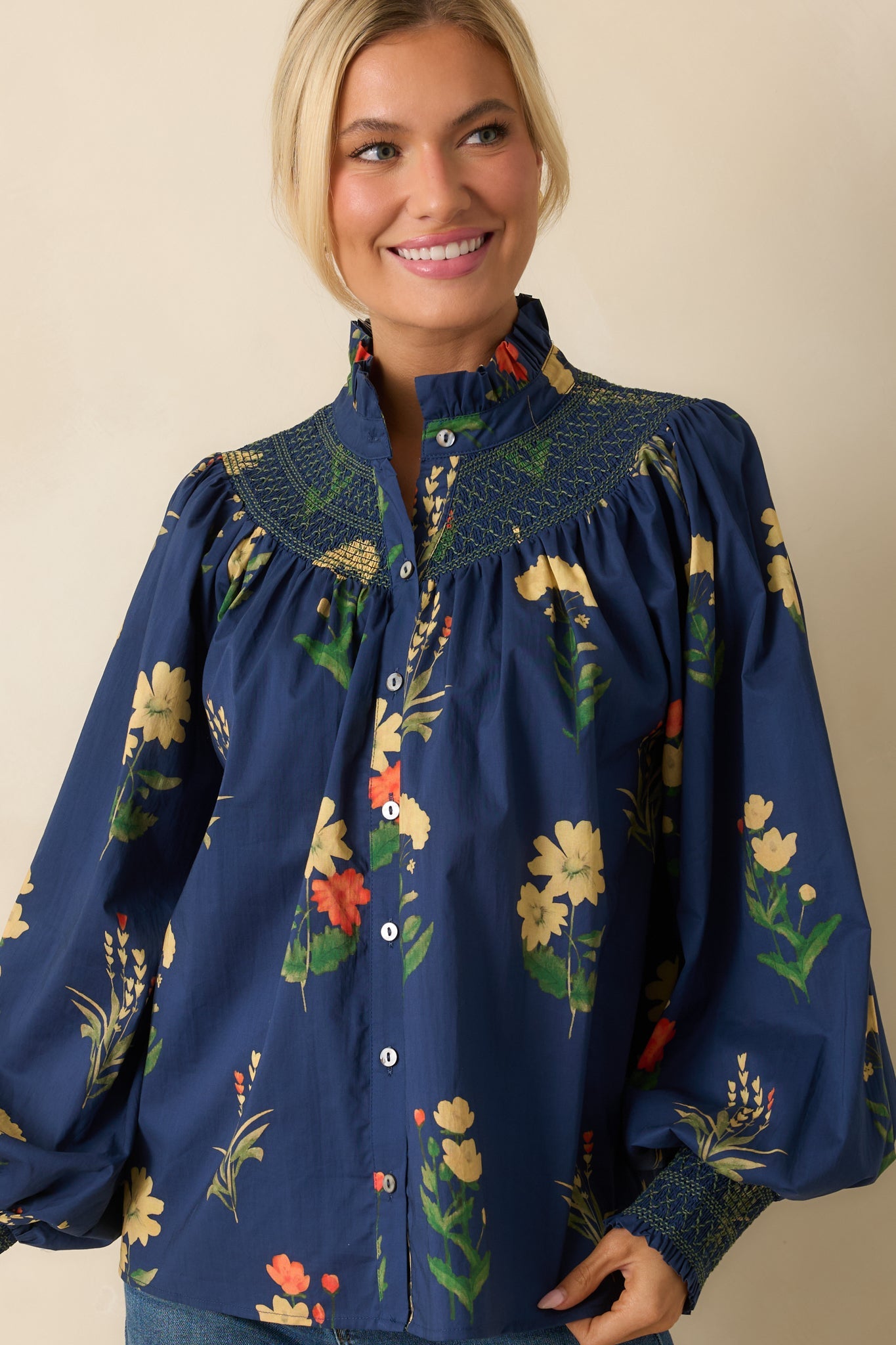 Charmed Again Navy Floral Print Cotton Bishop Sleeve Blouse