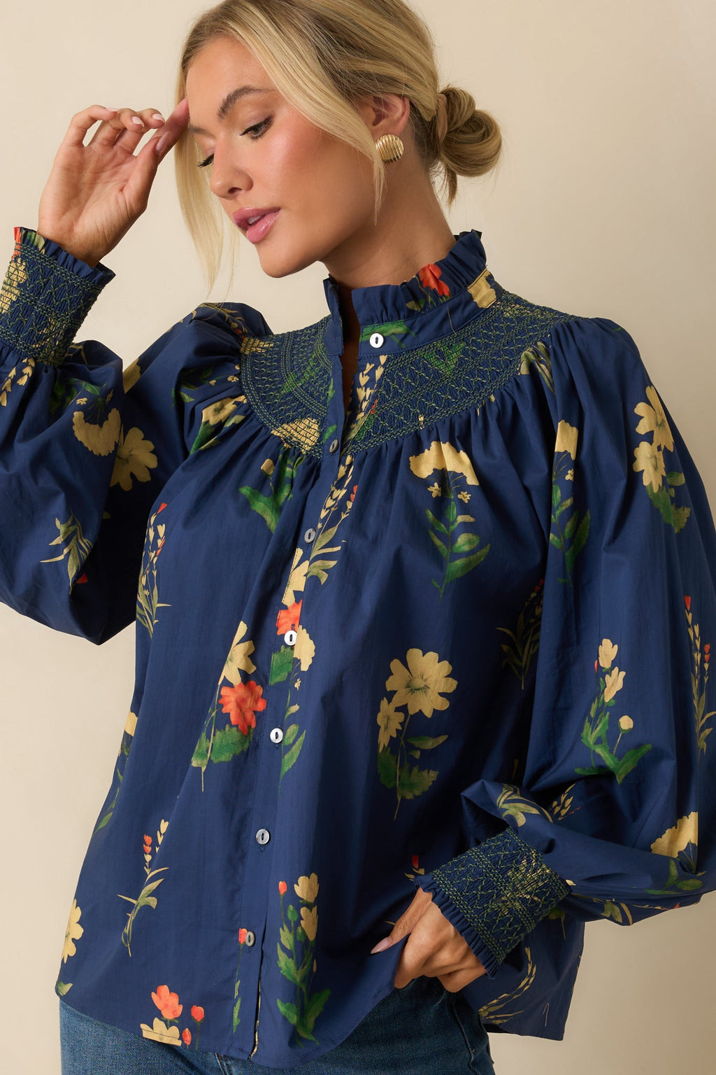 Charmed Again Navy Floral Print Cotton Bishop Sleeve Blouse