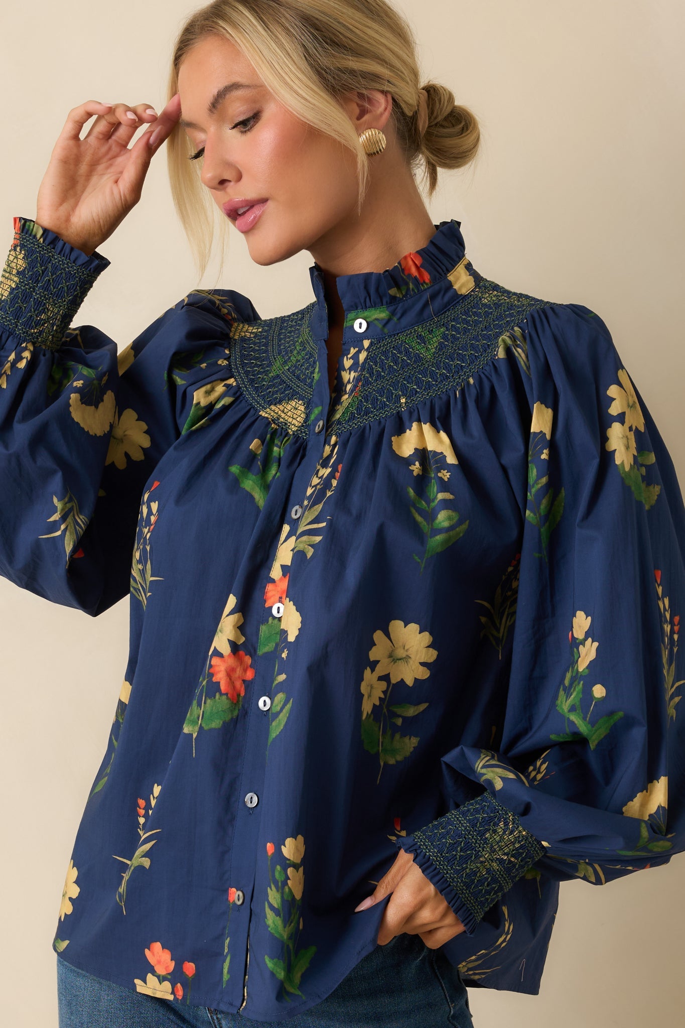 Charmed Again Navy Floral Print Cotton Bishop Sleeve Blouse