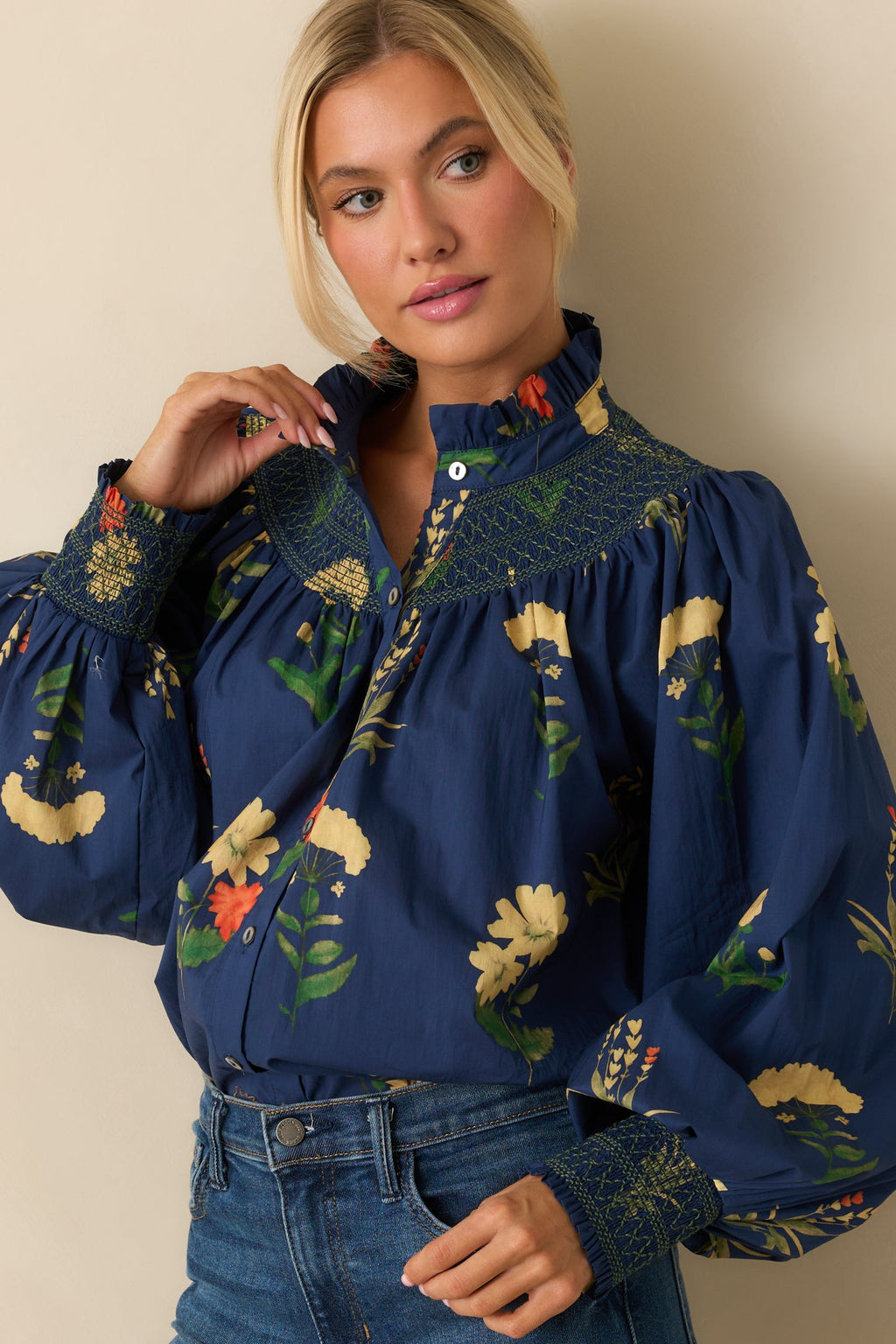 Charmed Again Navy Floral Print Cotton Bishop Sleeve Blouse
