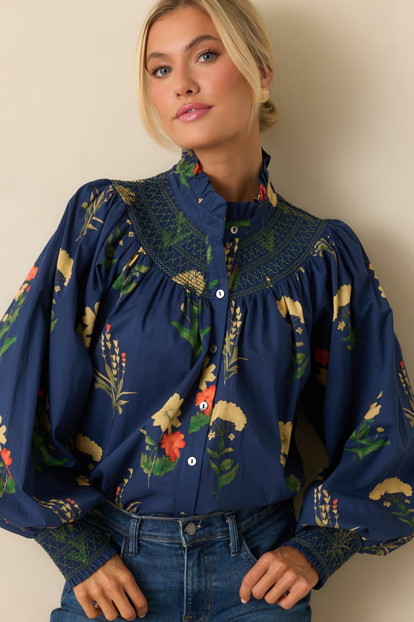 Charmed Again Navy Floral Print Cotton Bishop Sleeve Blouse