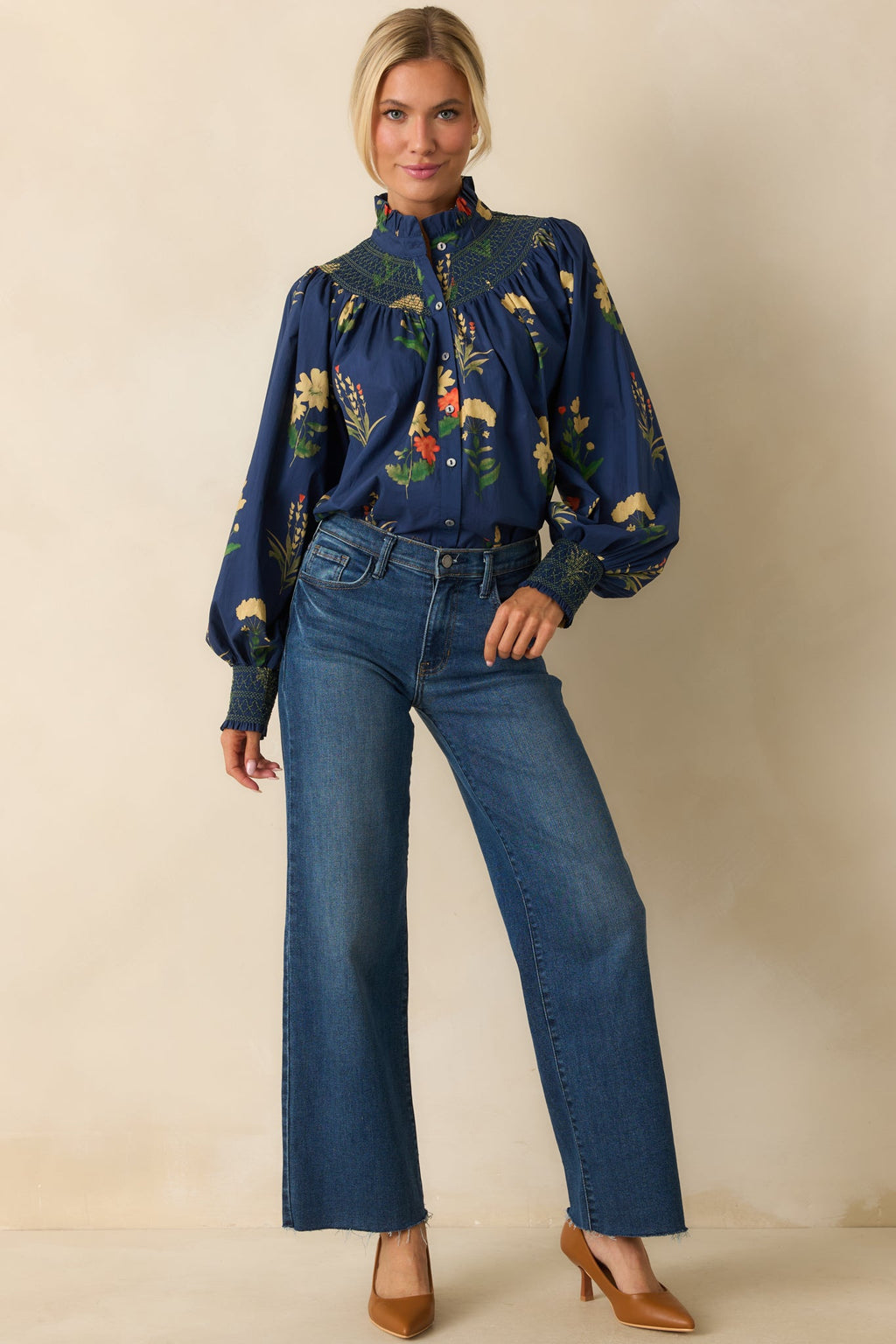 Charmed Again Navy Floral Print Cotton Bishop Sleeve Blouse