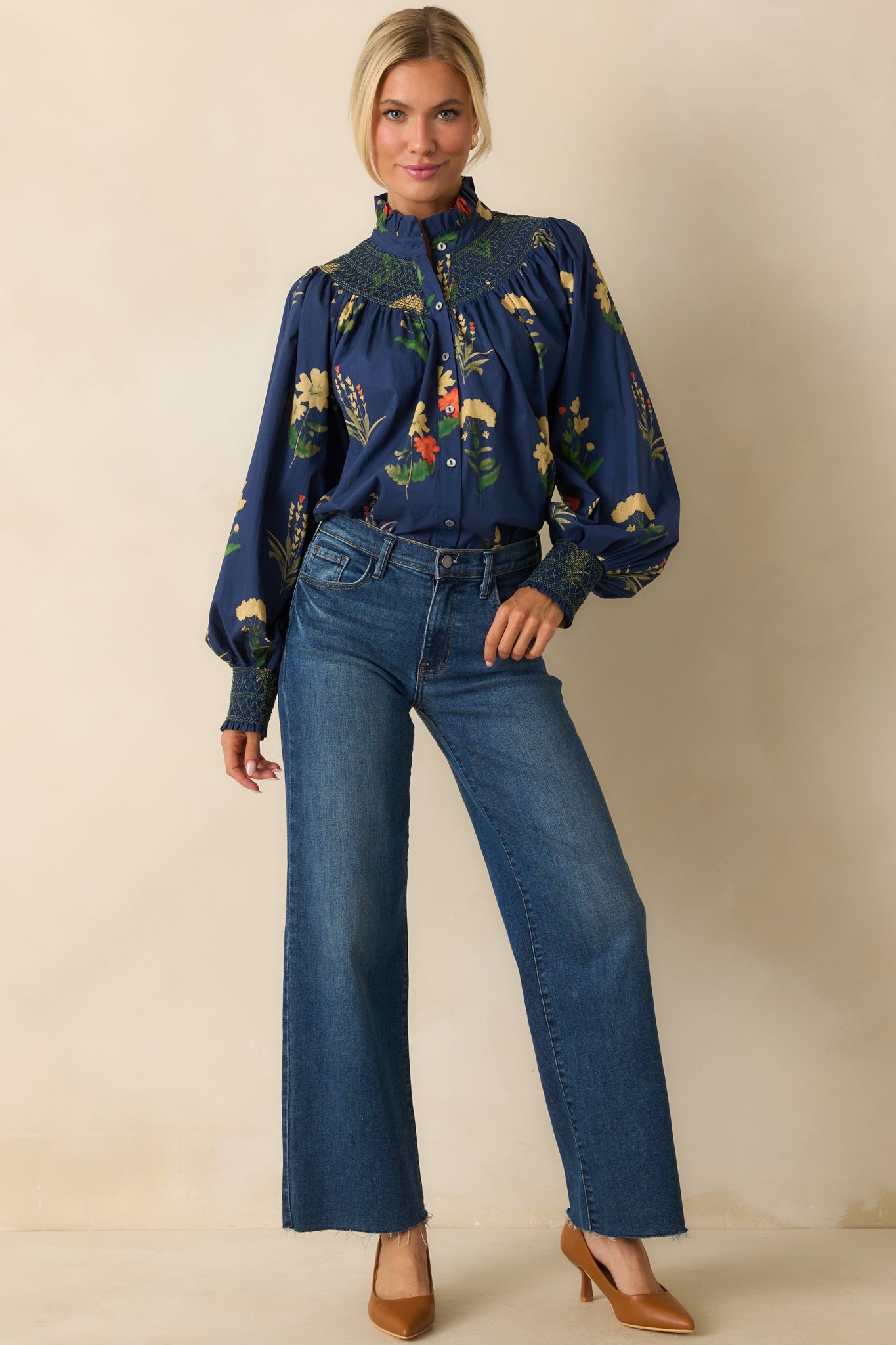Charmed Again Navy Floral Print Cotton Bishop Sleeve Blouse