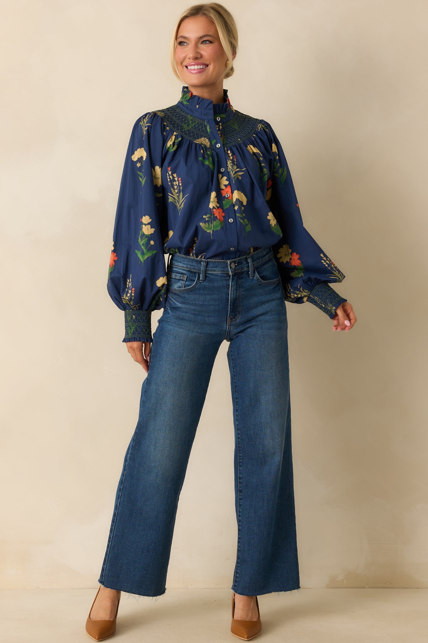 Charmed Again Navy Floral Print Cotton Bishop Sleeve Blouse