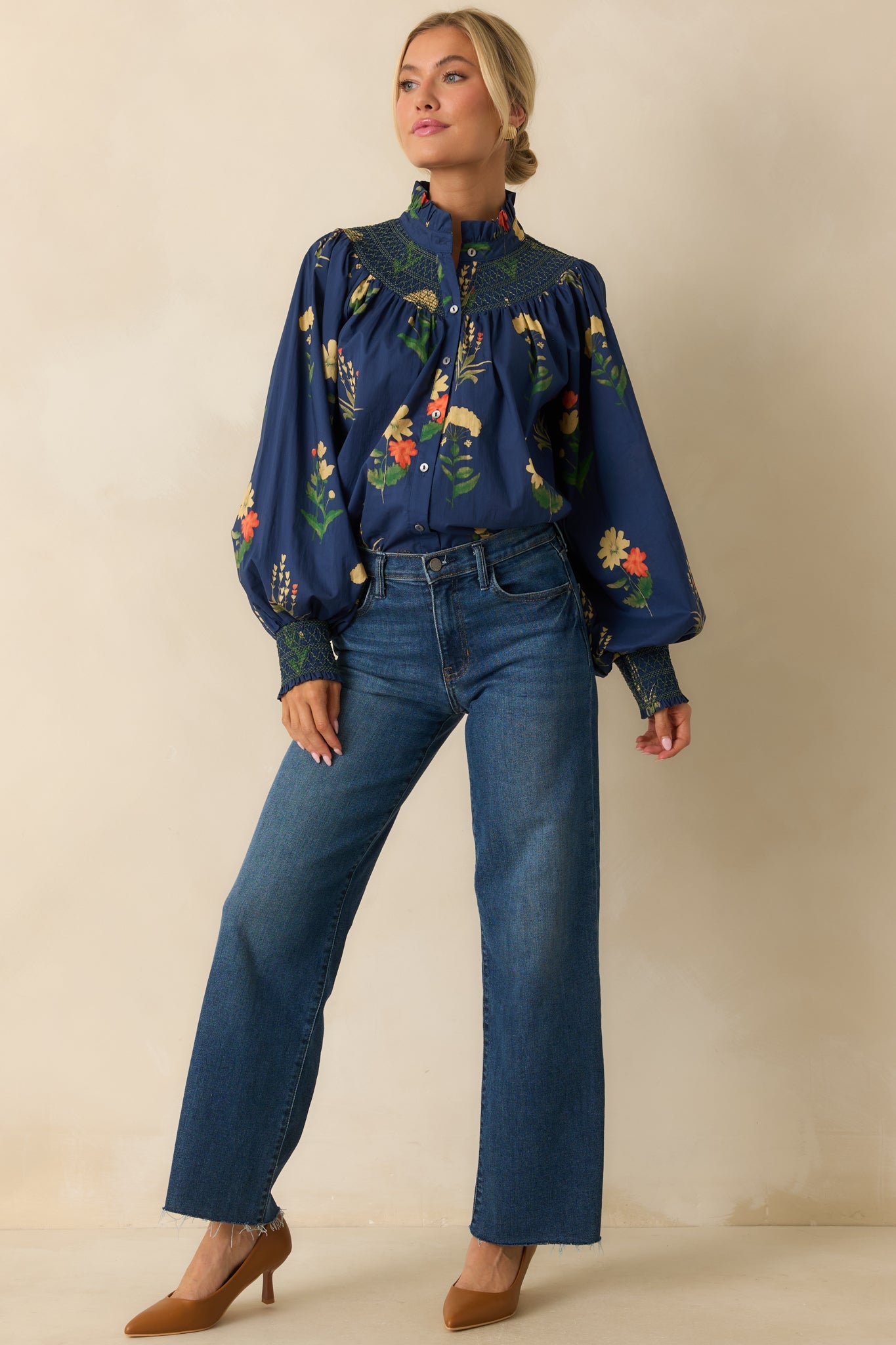 Charmed Again Navy Floral Print Cotton Bishop Sleeve Blouse