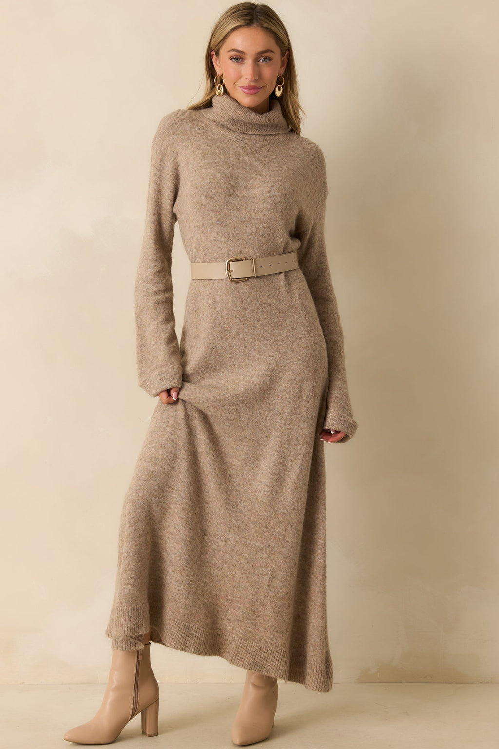 FRNCH Beige Rooibos Knit Turtle Neck Maxi Dress