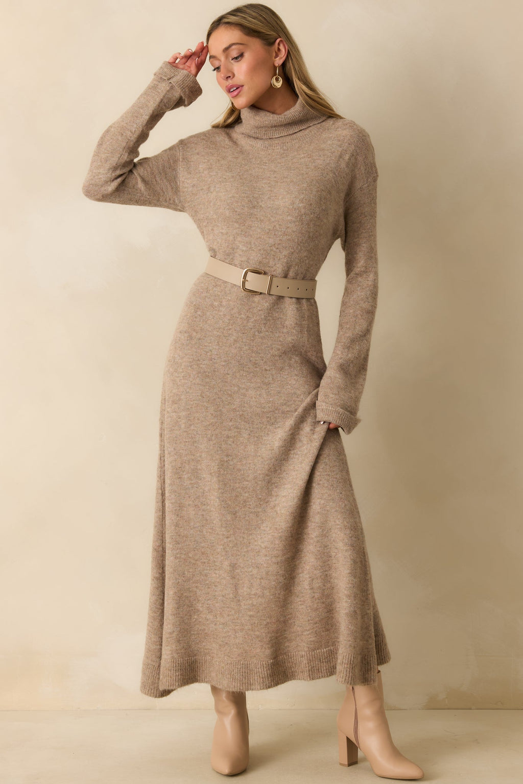 FRNCH Beige Rooibos Knit Turtle Neck Maxi Dress