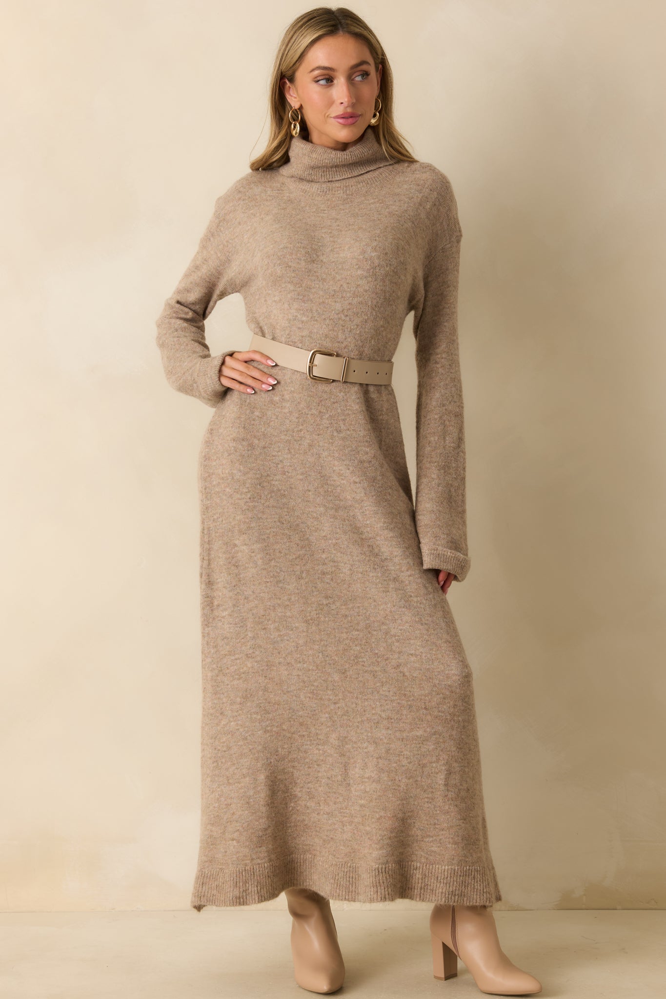 FRNCH Beige Rooibos Knit Turtle Neck Maxi Dress