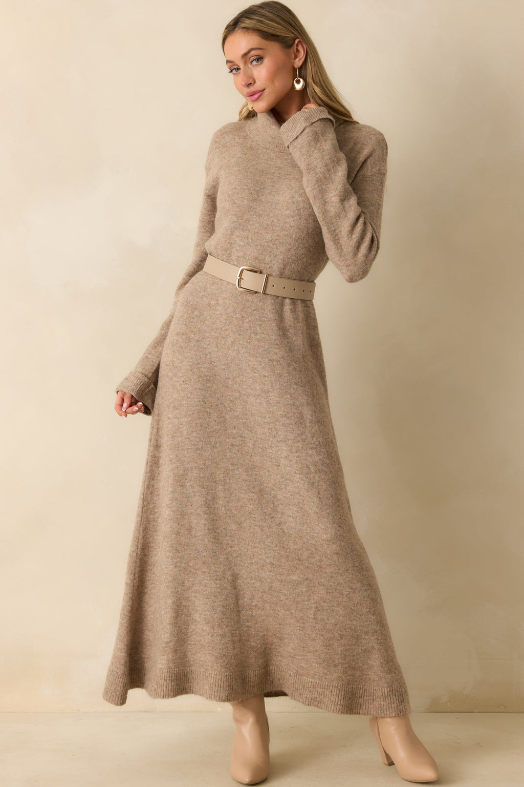 FRNCH Beige Rooibos Knit Turtle Neck Maxi Dress