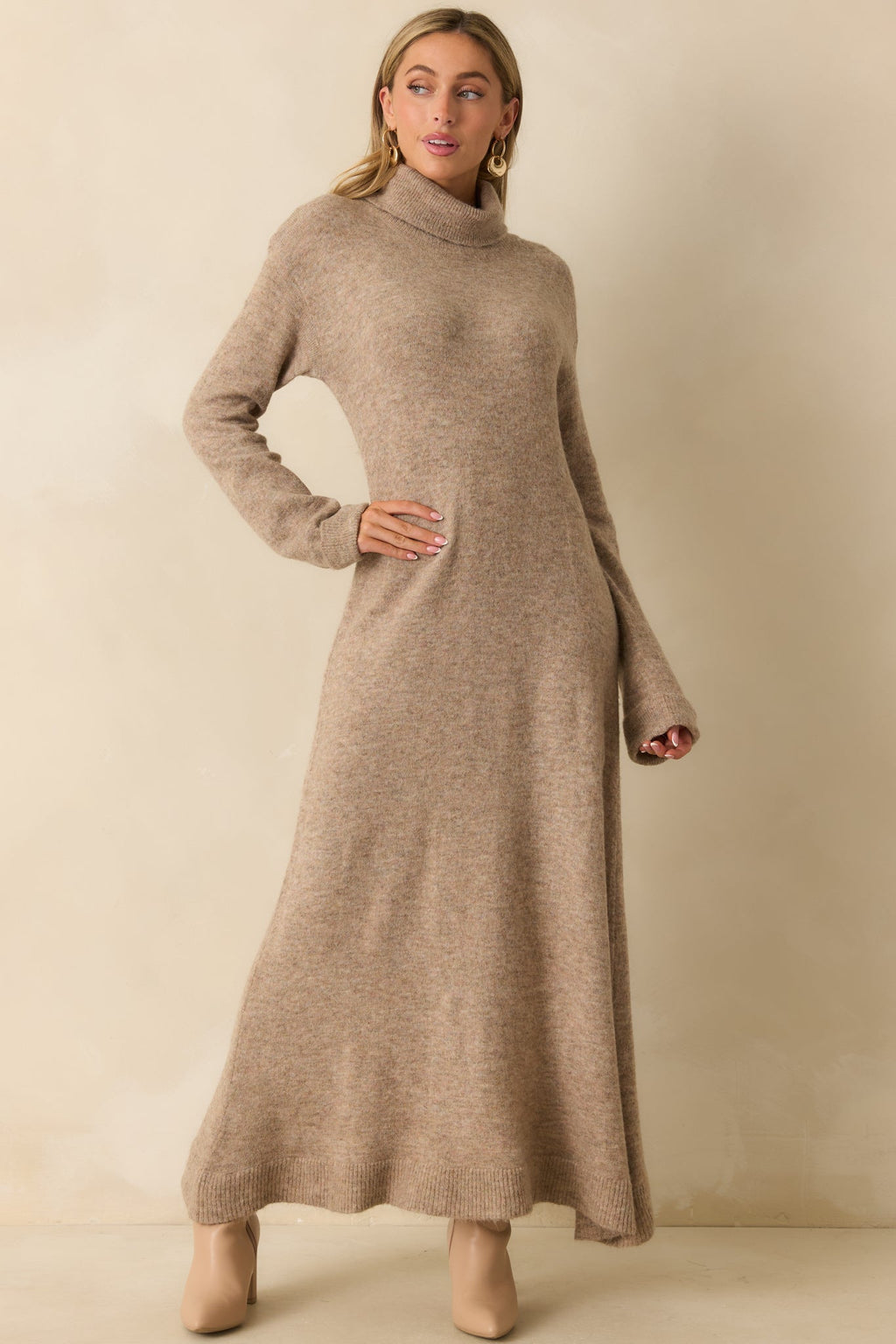 FRNCH Beige Rooibos Knit Turtle Neck Maxi Dress