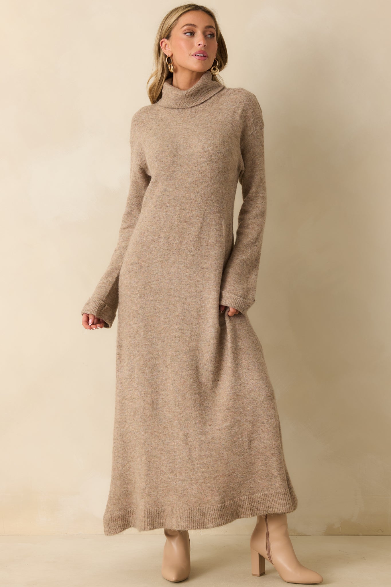 FRNCH Beige Rooibos Knit Turtle Neck Maxi Dress