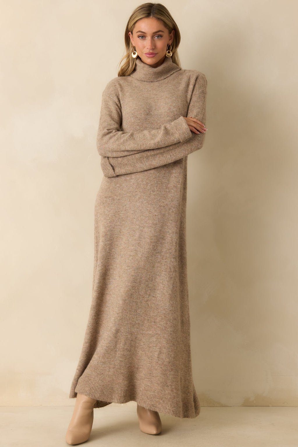 FRNCH Beige Rooibos Knit Turtle Neck Maxi Dress