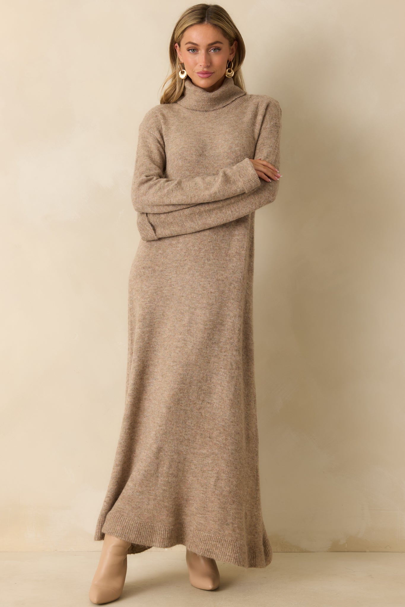 FRNCH Beige Rooibos Knit Turtle Neck Maxi Dress