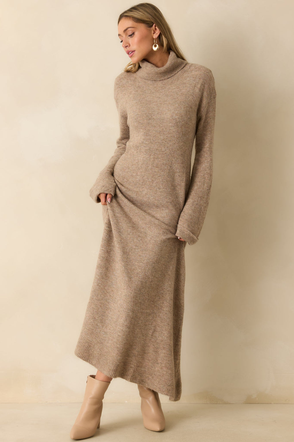 FRNCH Beige Rooibos Knit Turtle Neck Maxi Dress