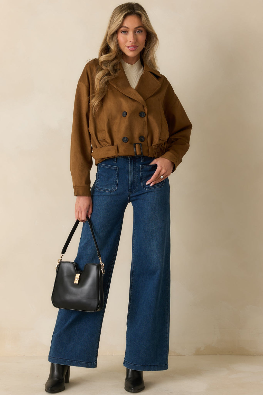 Soft Focus Camel Brown Faux Suede Cropped Trench Coat