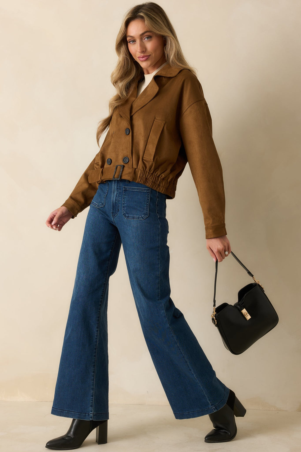 Soft Focus Camel Brown Faux Suede Cropped Trench Coat