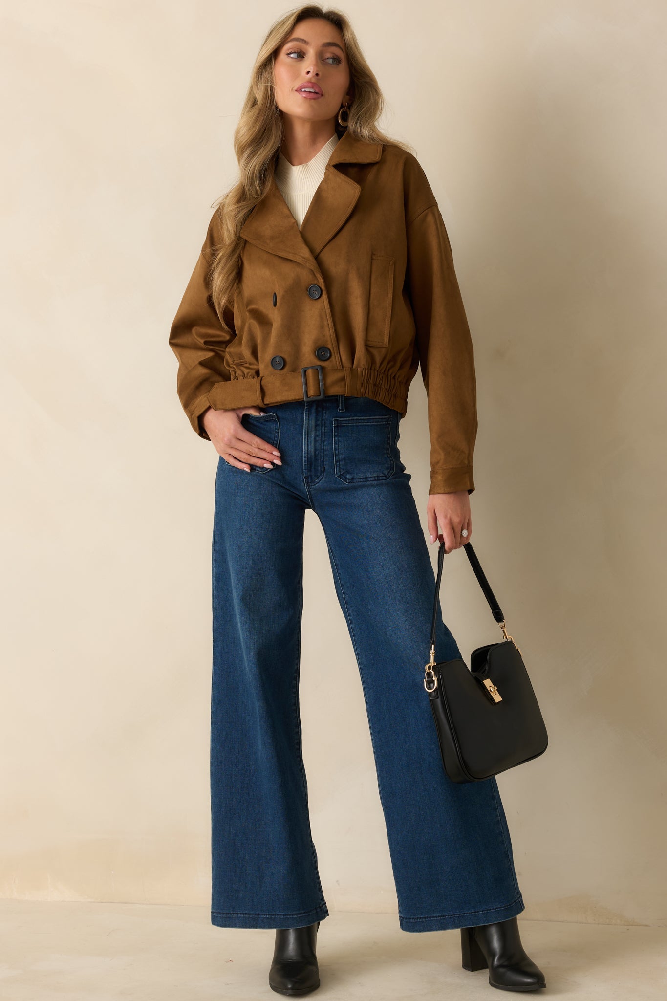 Soft Focus Camel Brown Faux Suede Cropped Trench Coat