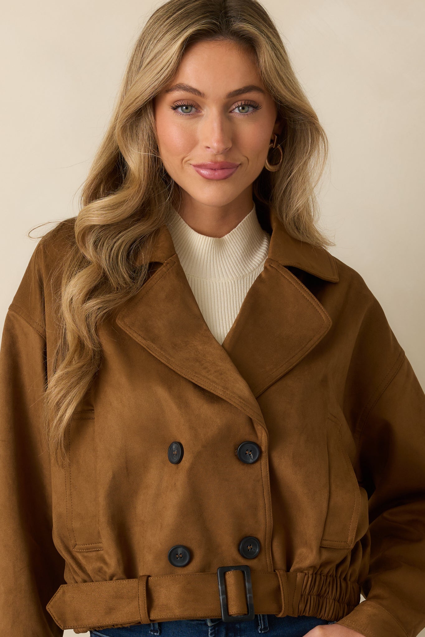 Soft Focus Camel Brown Faux Suede Cropped Trench Coat