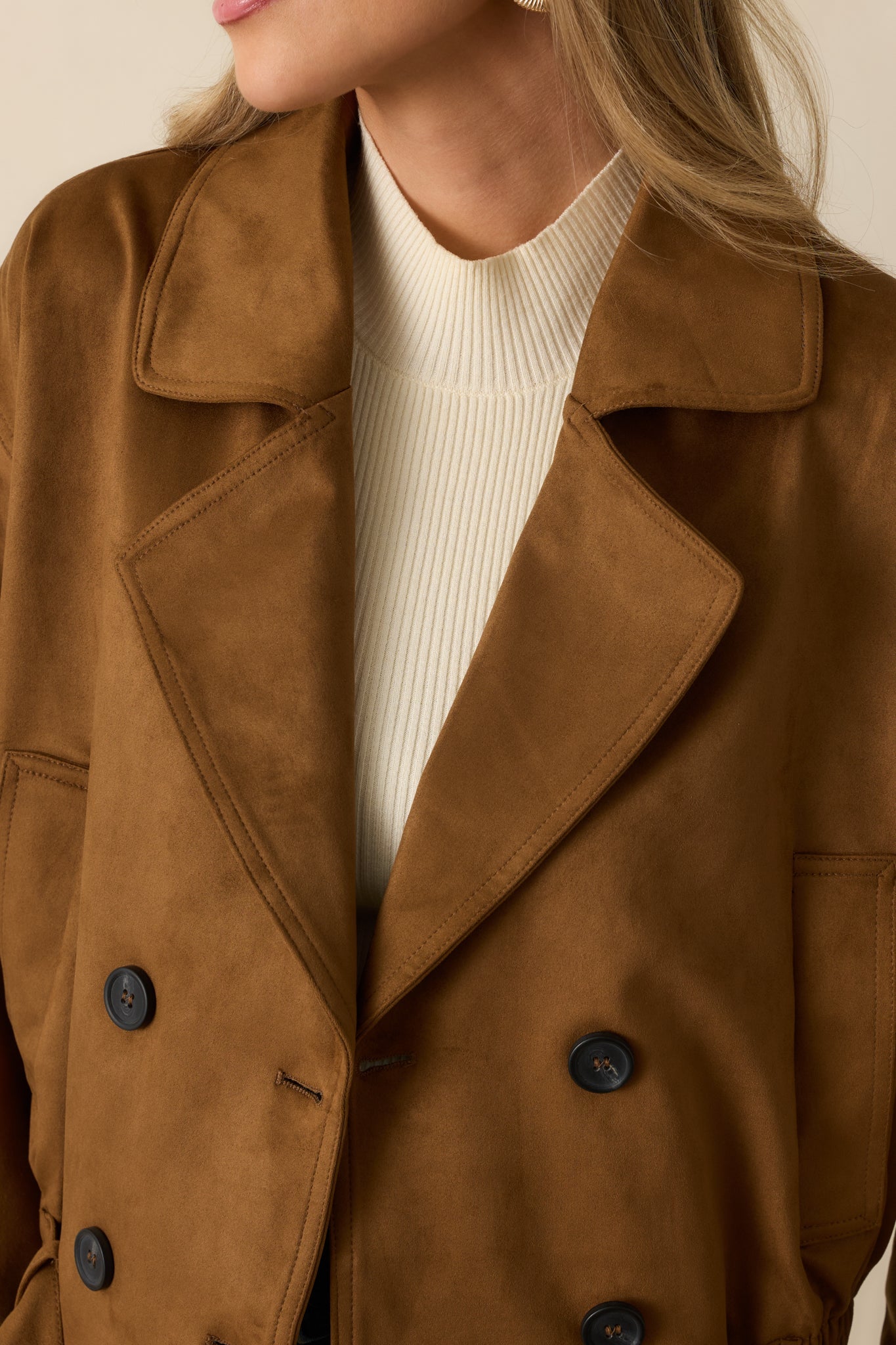 Soft Focus Camel Brown Faux Suede Cropped Trench Coat