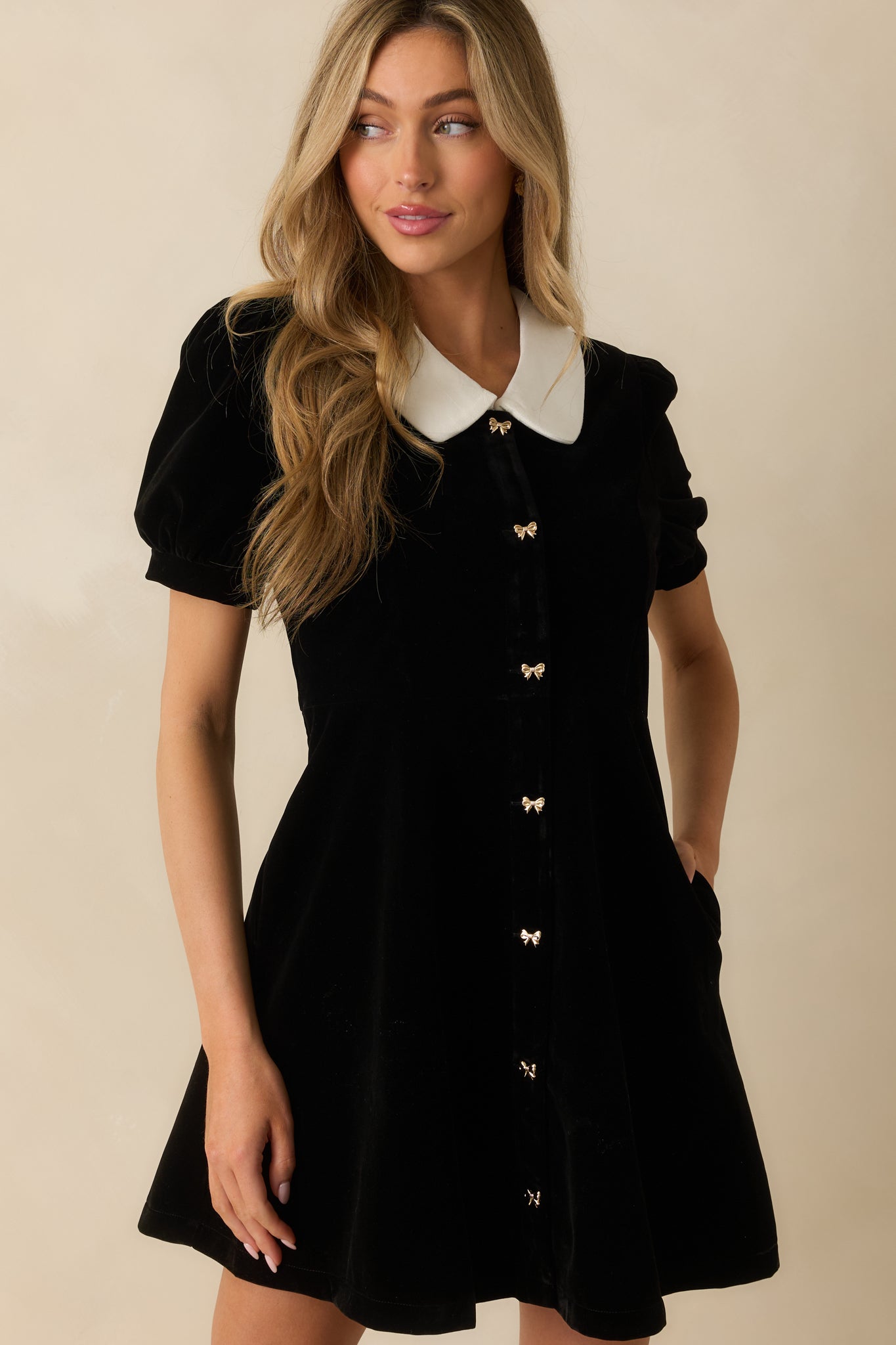 Sweet Society Black Velvet Bow Button Up Mini Dress