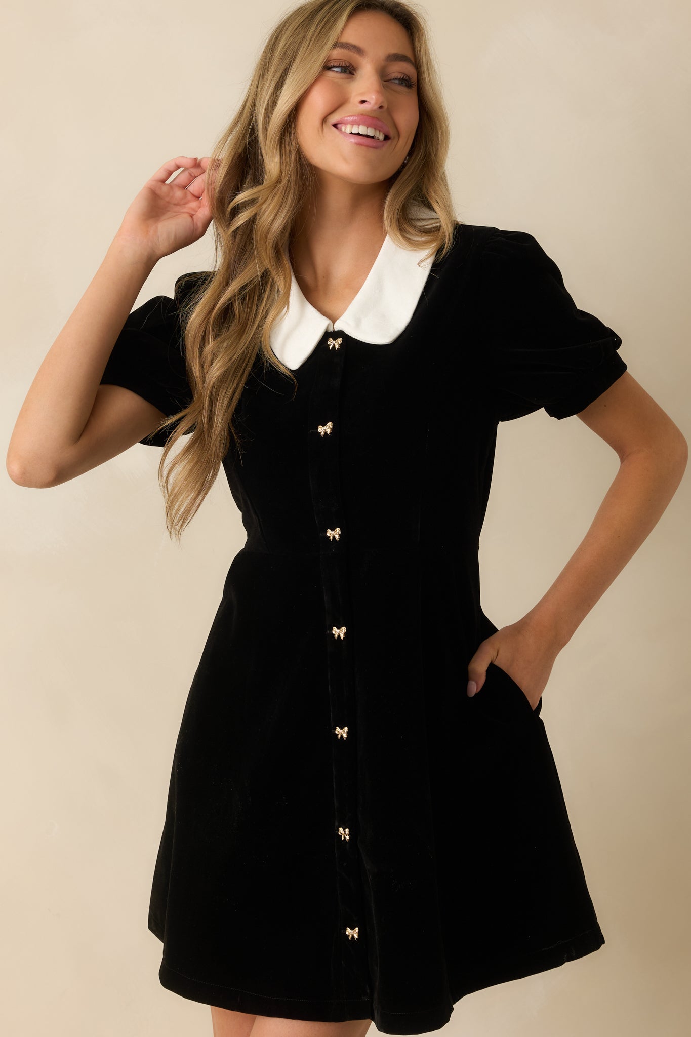 Sweet Society Black Velvet Bow Button Up Mini Dress