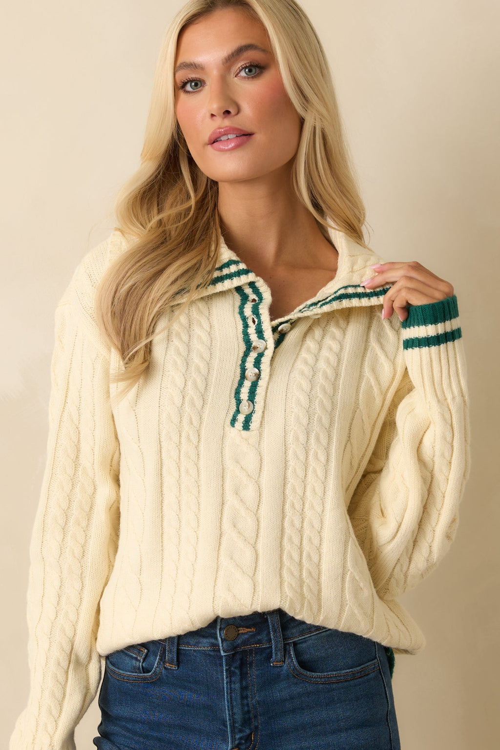 Alpine Afternoon Ivory Cable Knit Contrast Trim Collared Sweater