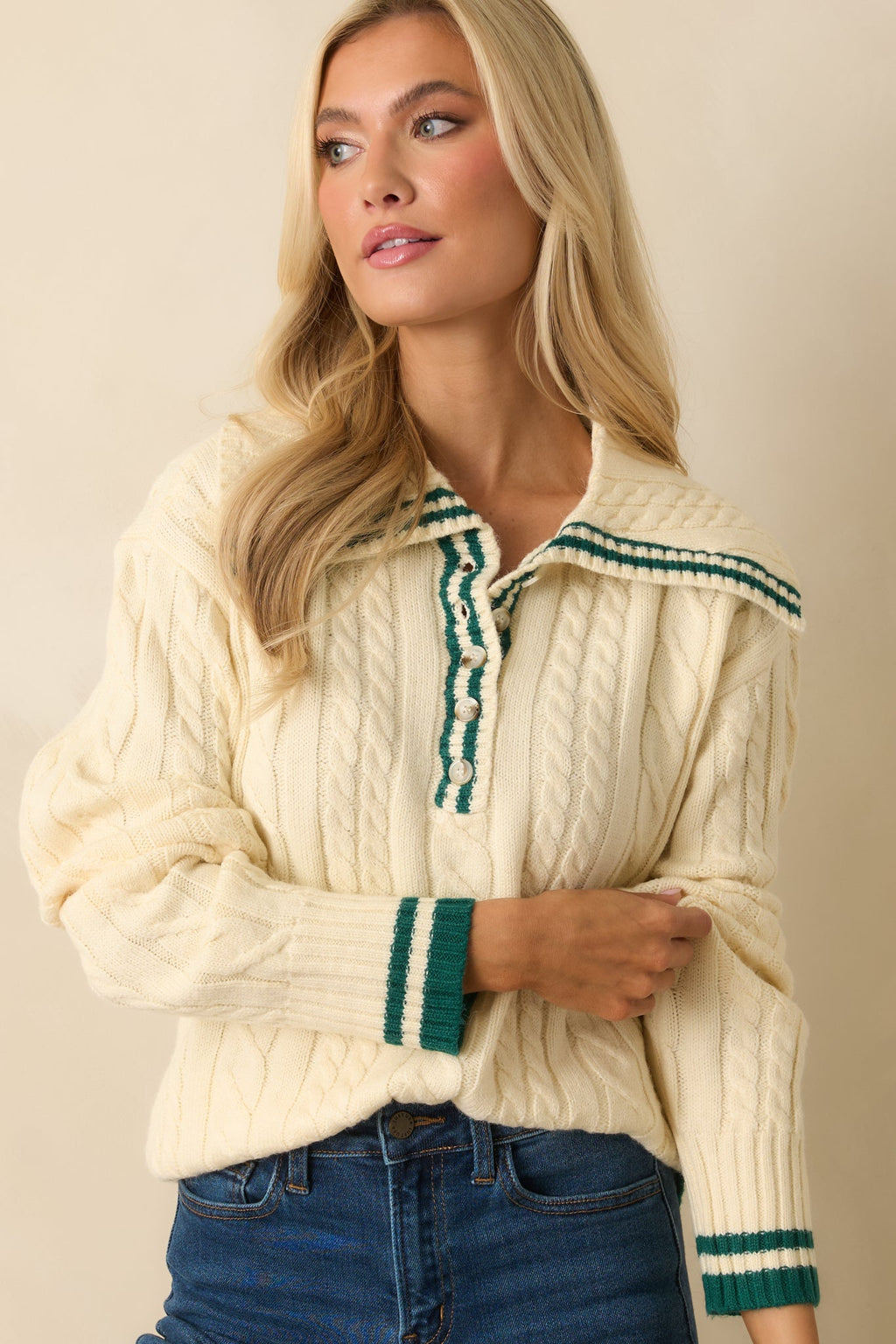 Alpine Afternoon Ivory Cable Knit Contrast Trim Collared Sweater