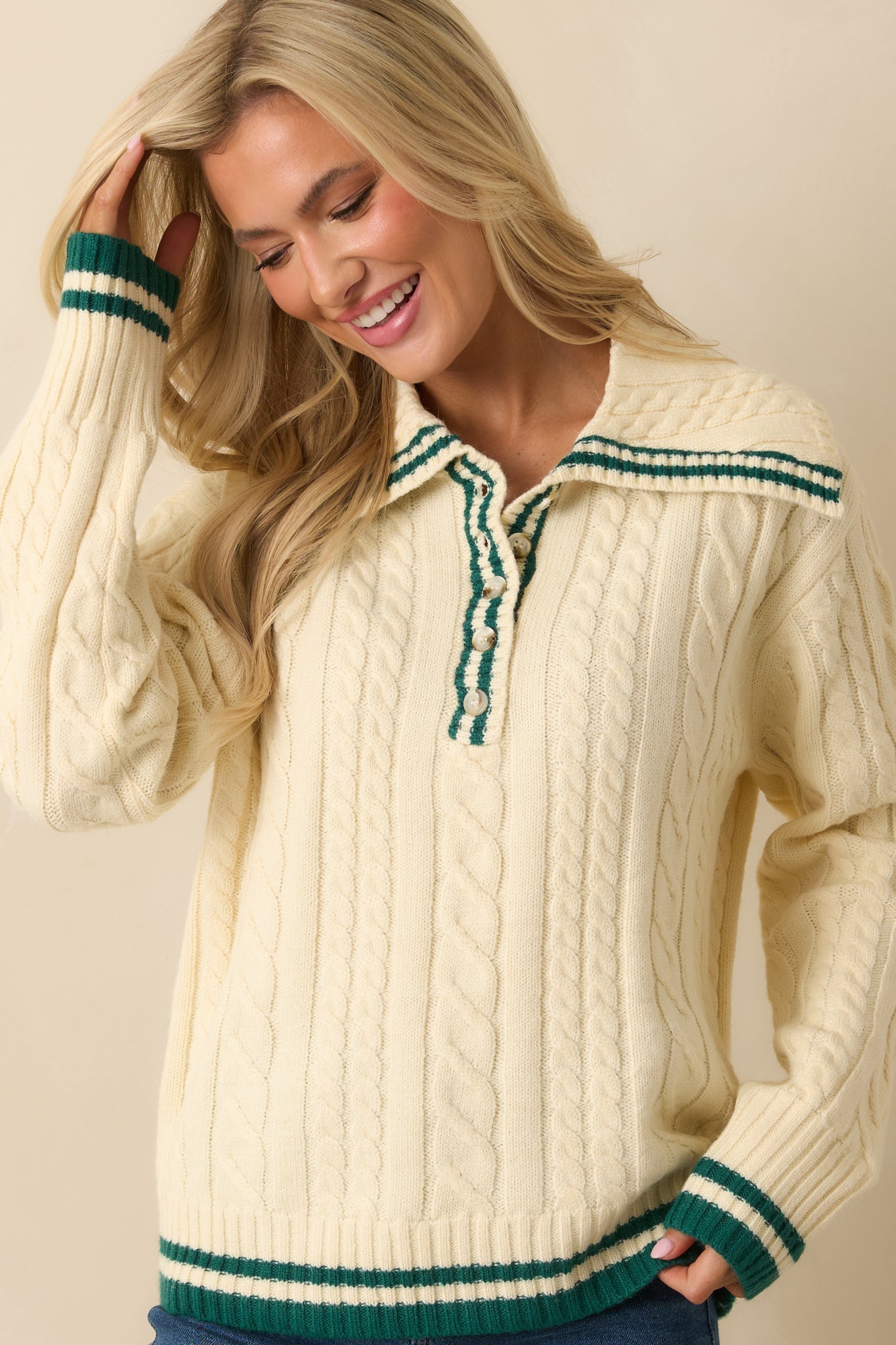 Alpine Afternoon Ivory Cable Knit Contrast Trim Collared Sweater