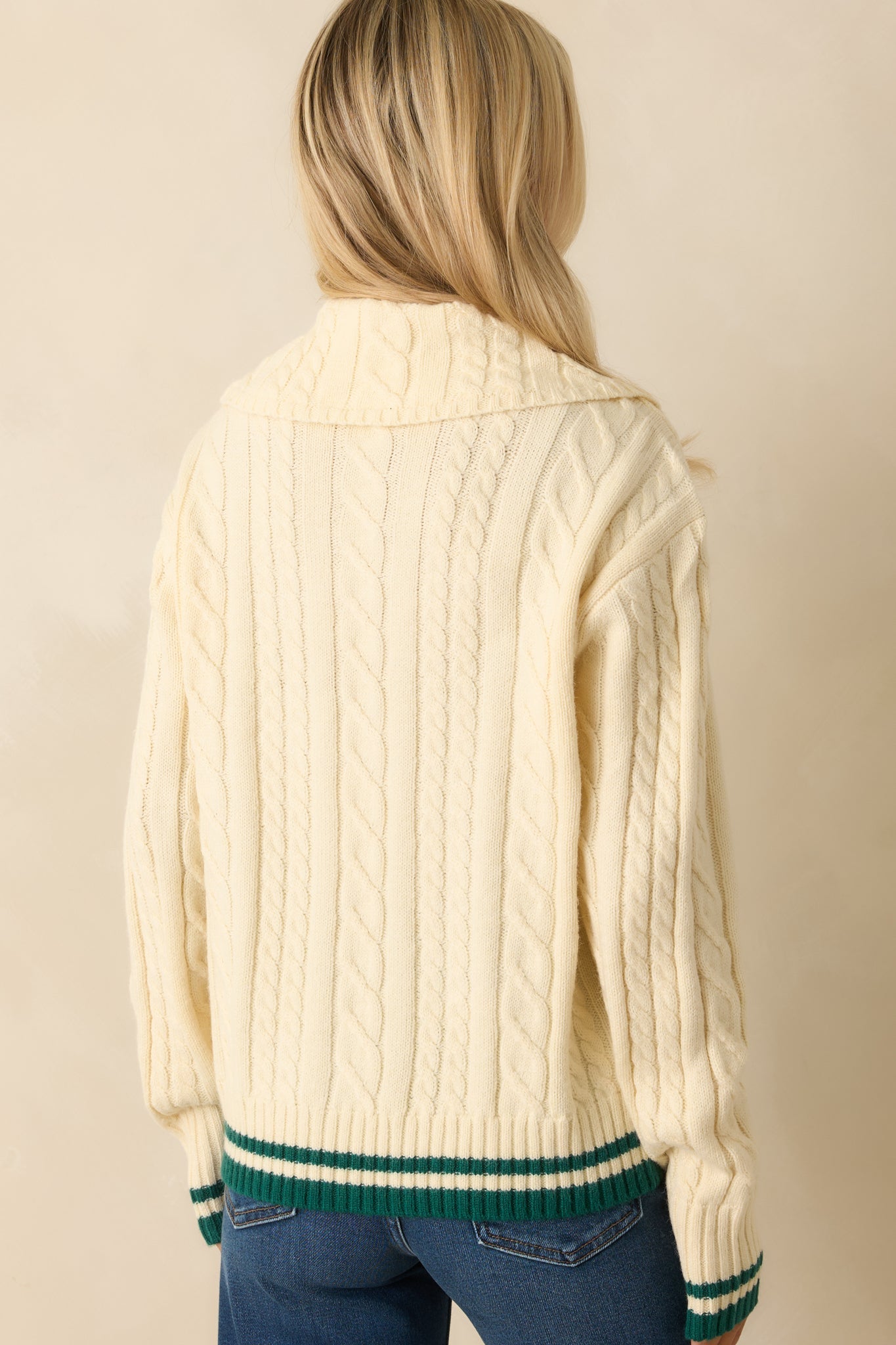 Alpine Afternoon Ivory Cable Knit Contrast Trim Collared Sweater