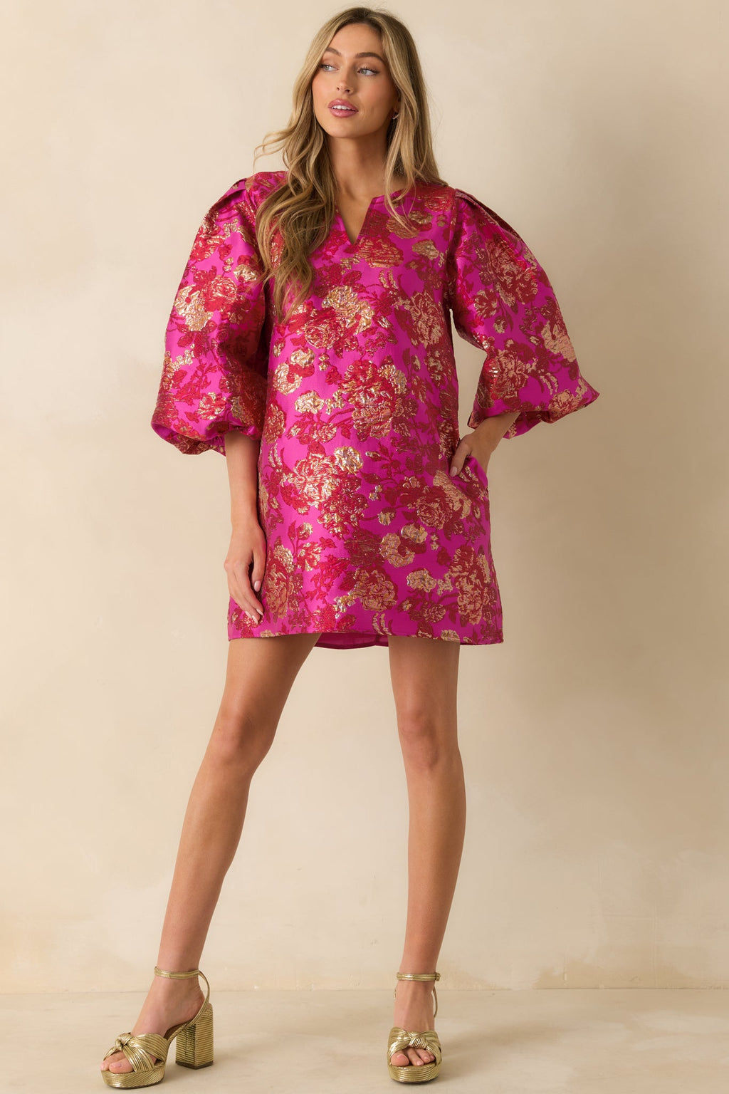 Gilded Garden Hot Pink Floral Jacquard Mini Dress