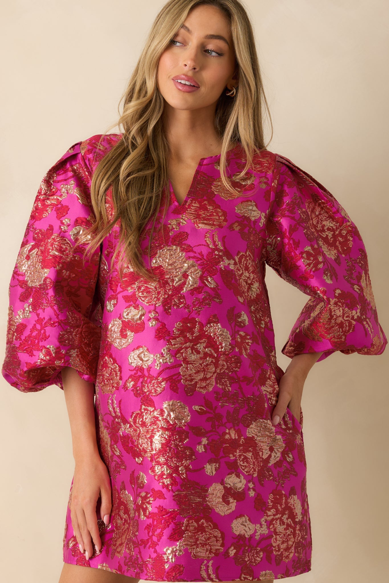 Gilded Garden Hot Pink Floral Jacquard Mini Dress