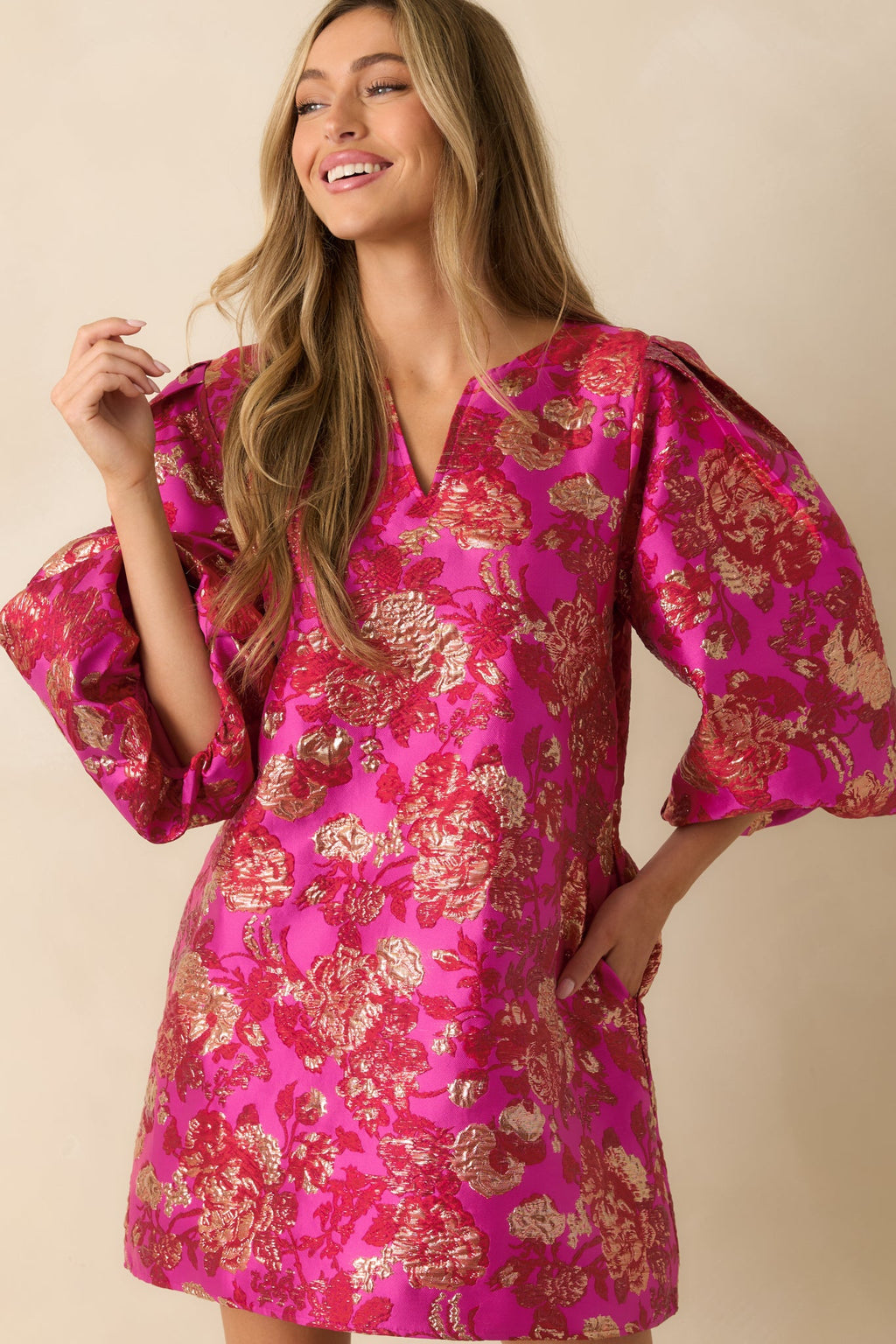 Gilded Garden Hot Pink Floral Jacquard Mini Dress