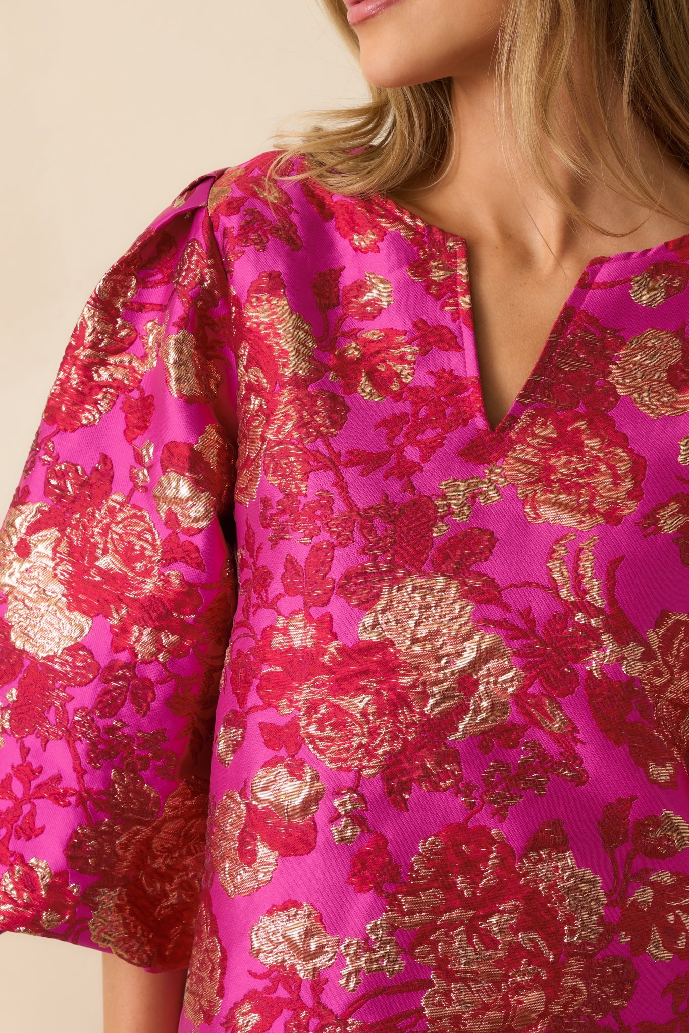 Gilded Garden Hot Pink Floral Jacquard Mini Dress