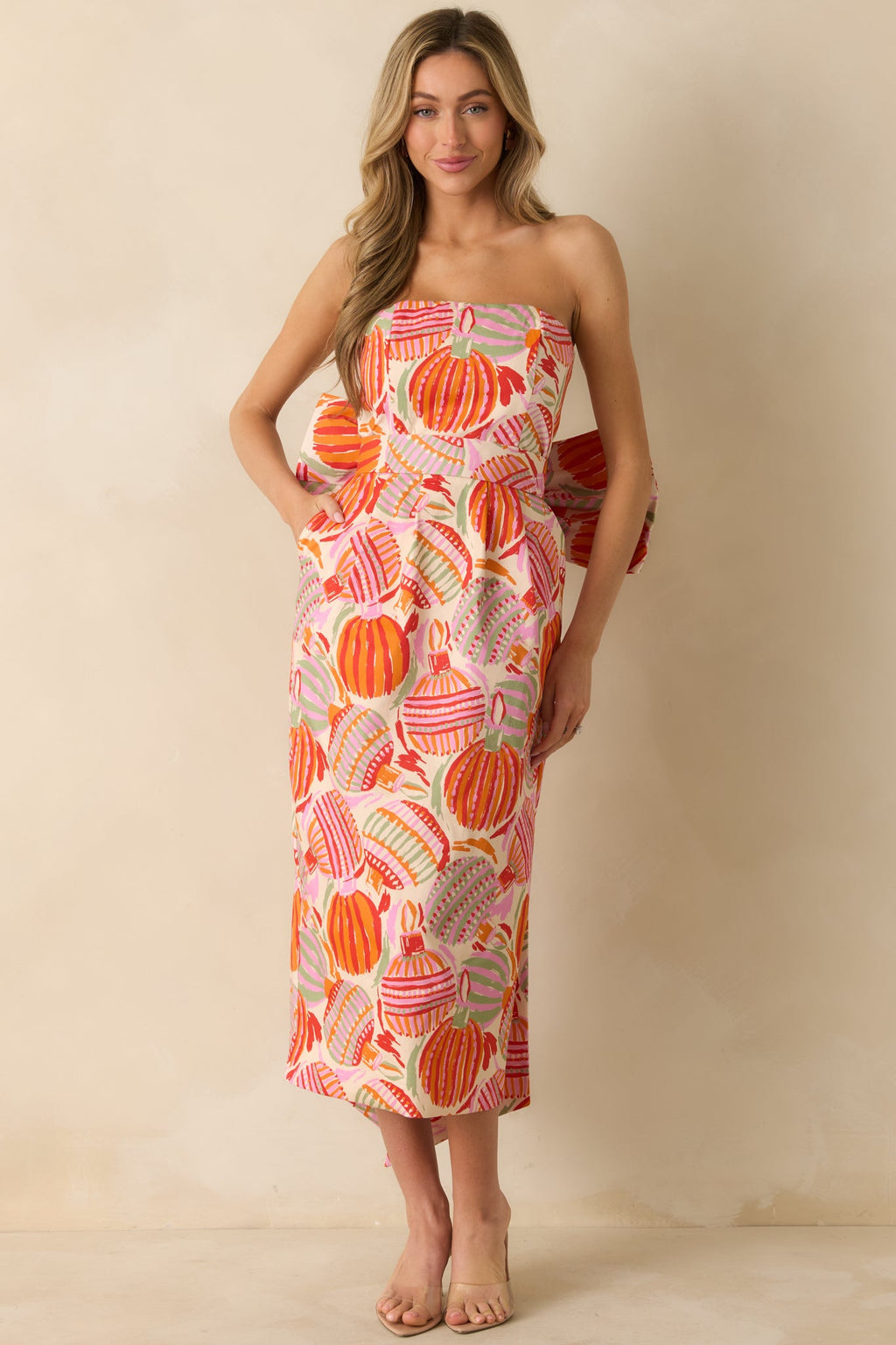 Prosperina Lisette Pink Multi Cotton Ornament Print Strapless Midi Dress