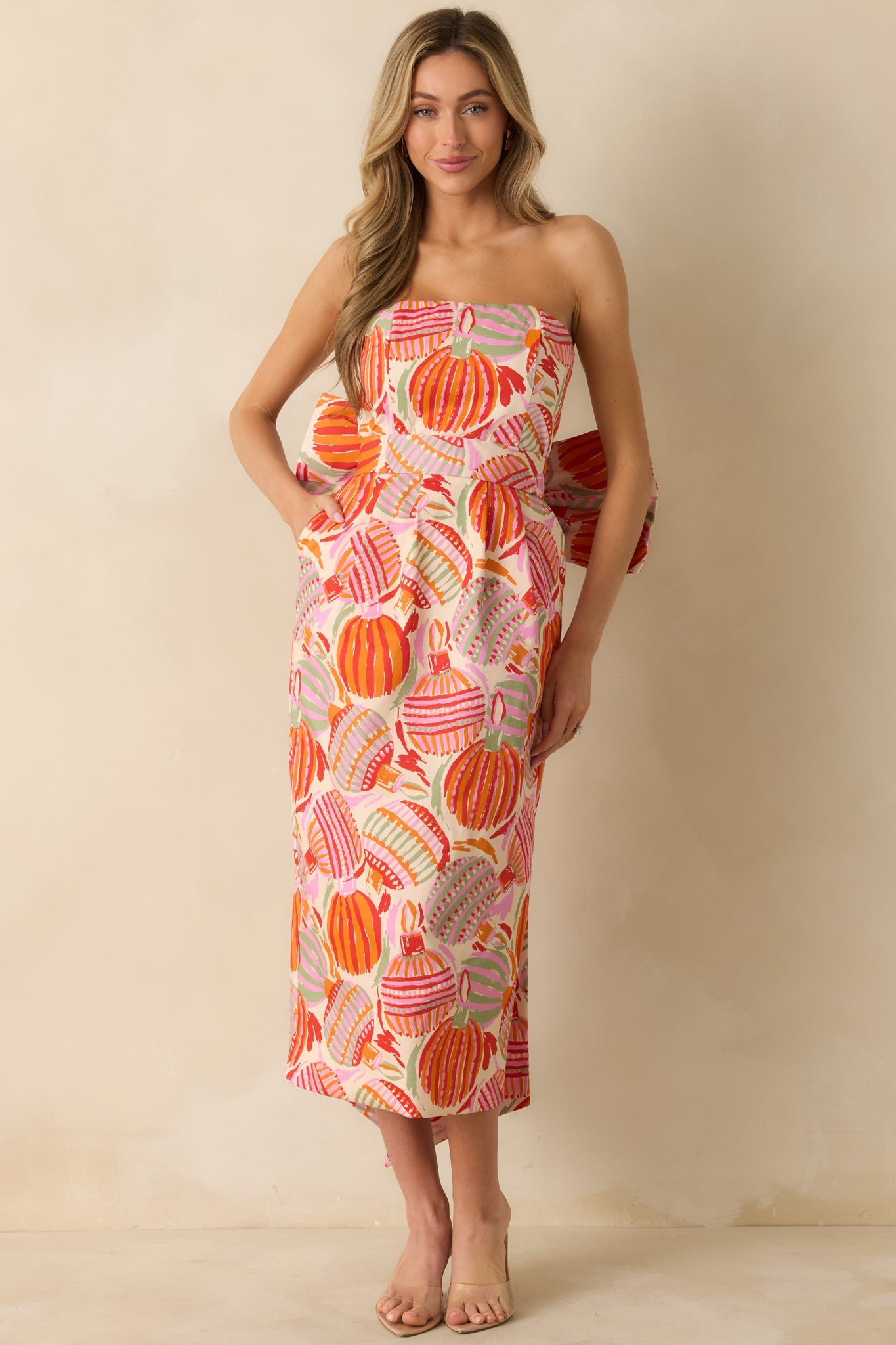 Prosperina Lisette Pink Multi Cotton Ornament Print Strapless Midi Dress