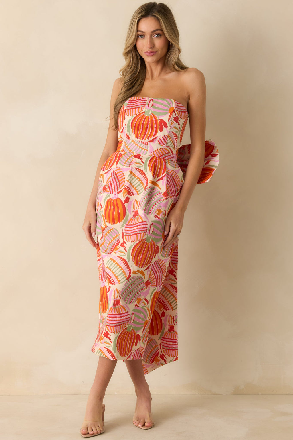 Prosperina Lisette Pink Multi Cotton Ornament Print Strapless Midi Dress