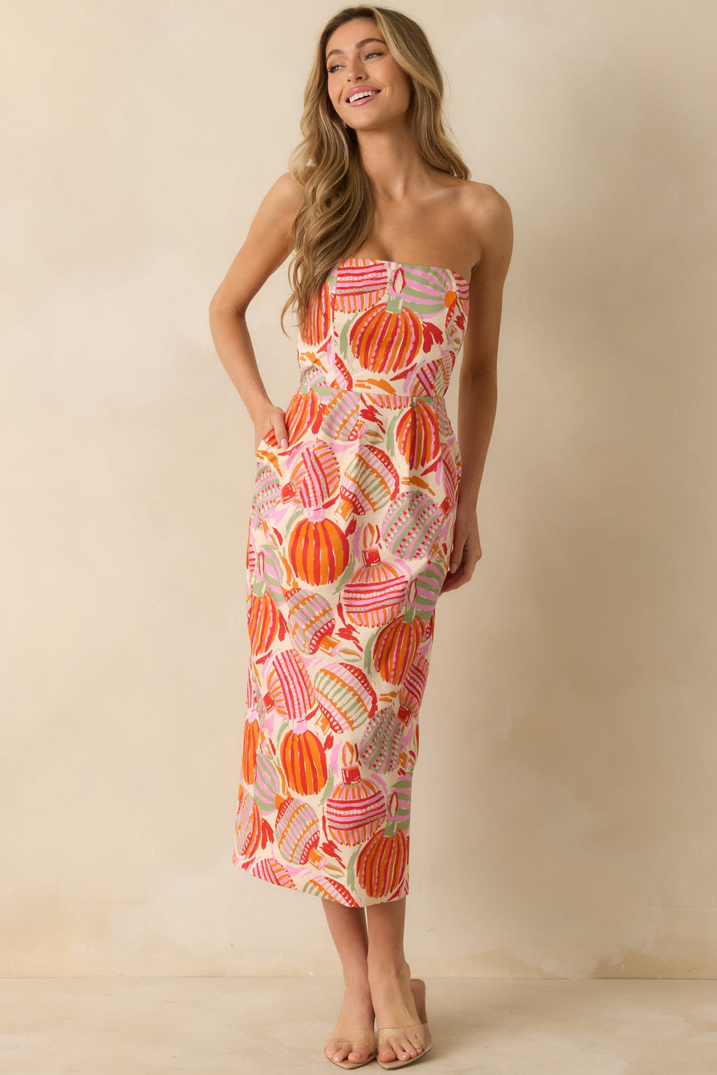 Prosperina Lisette Pink Multi Cotton Ornament Print Strapless Midi Dress