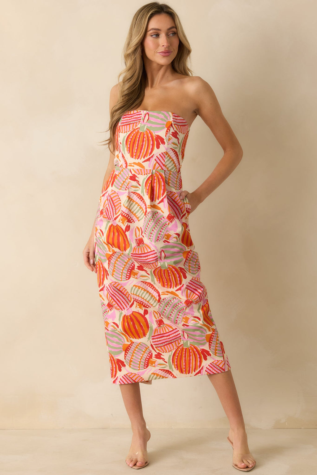 Prosperina Lisette Pink Multi Cotton Ornament Print Strapless Midi Dress