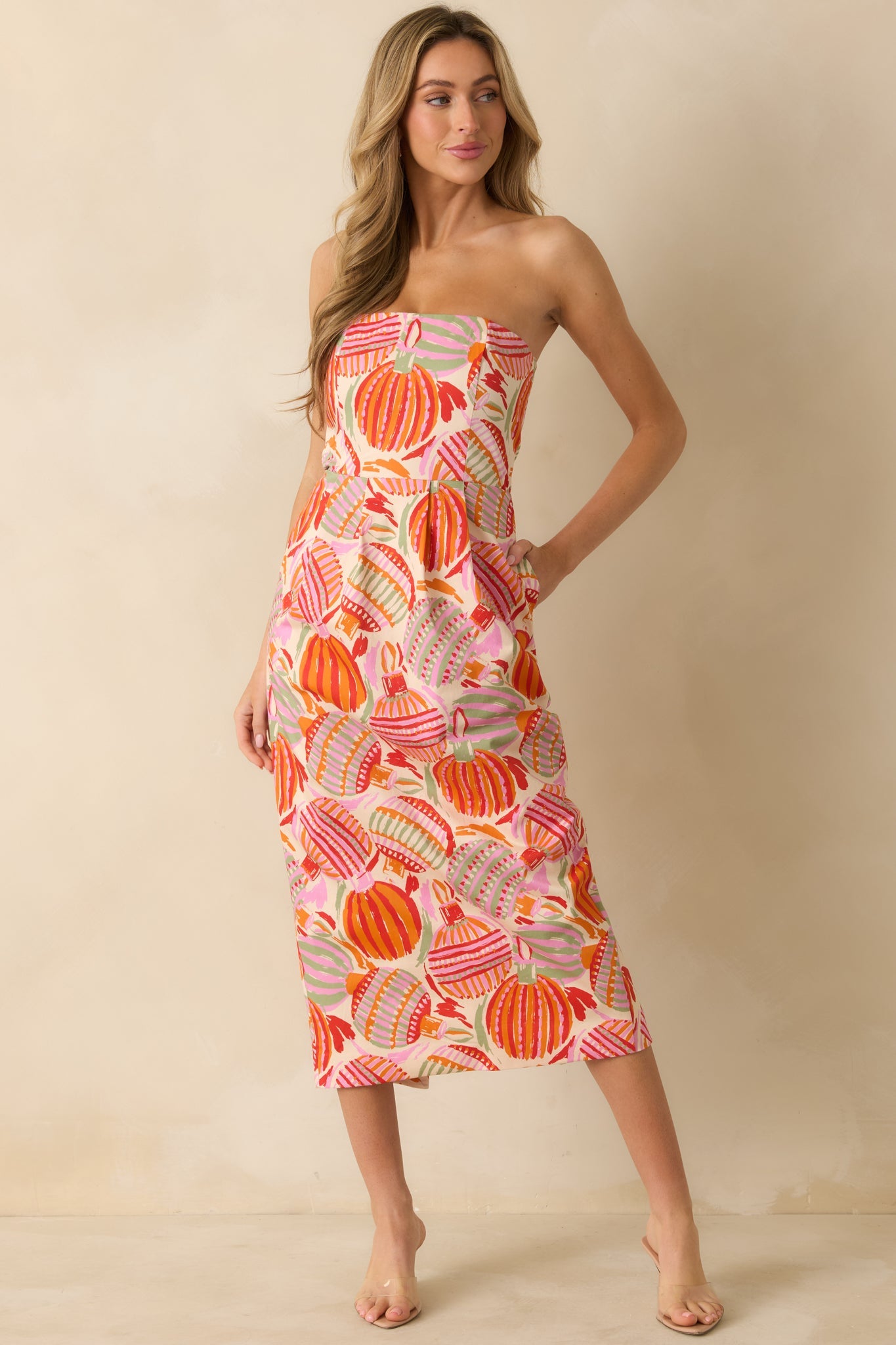 Prosperina Lisette Pink Multi Cotton Ornament Print Strapless Midi Dress