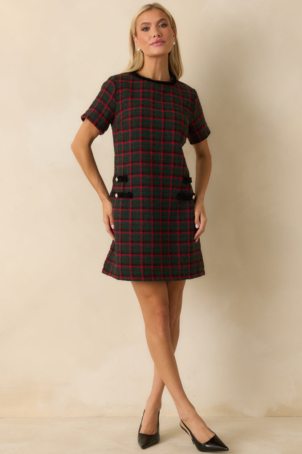 Prosperina Portia Green Multi Plaid Tweed Shift Dress